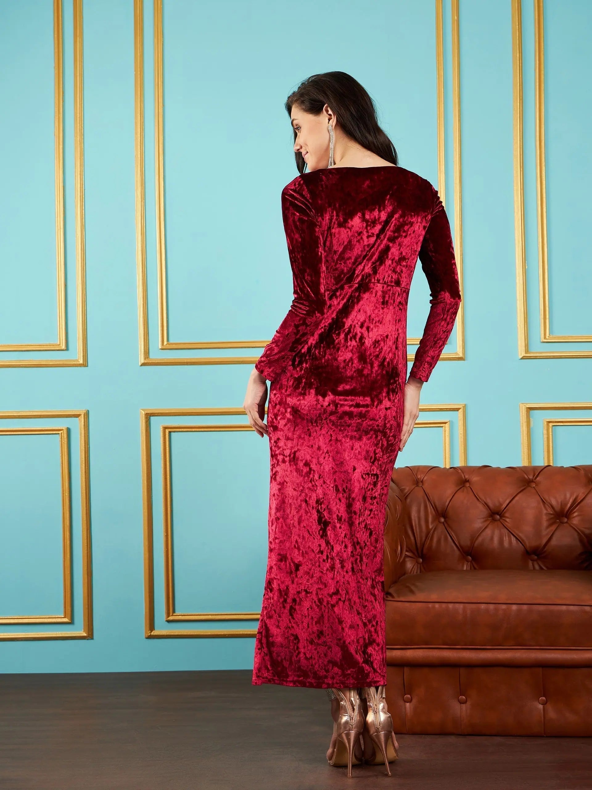 Maroon Velvet Front Slit Maxi Dress - Women's Bodycon Polyester