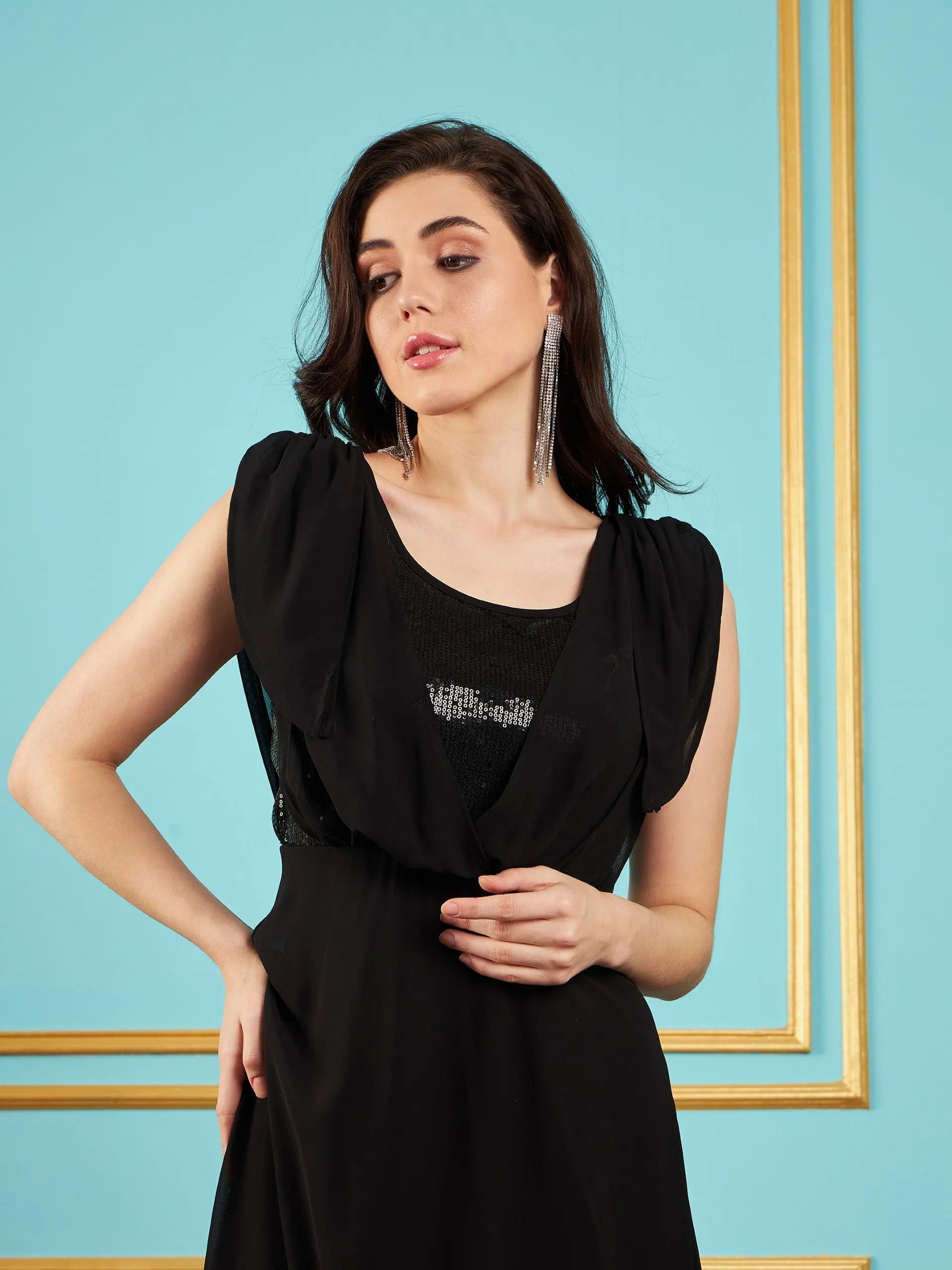 Black Sequin Cowl Neck Maxi Dress - Wedding Lehenga Alternative