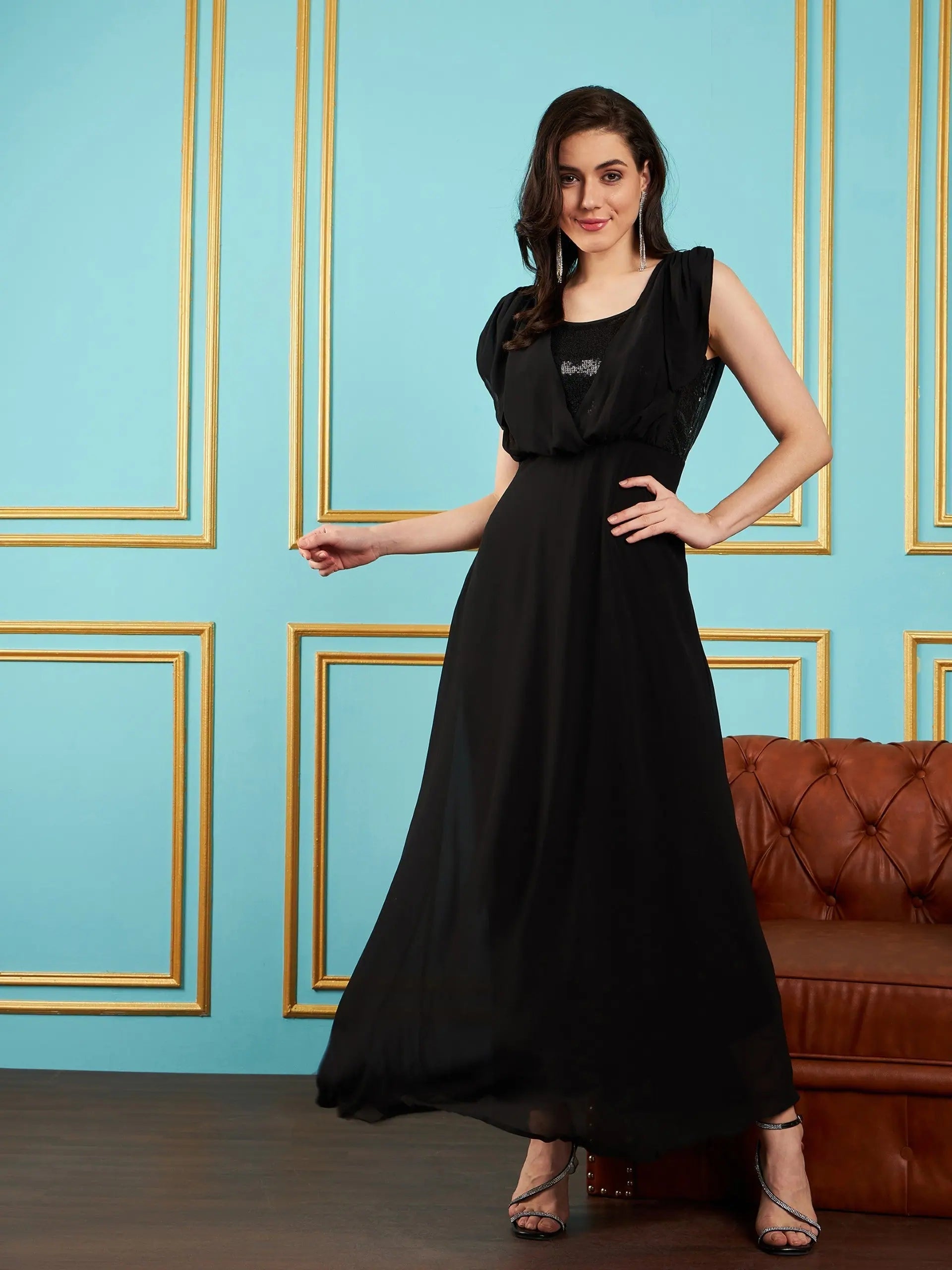 Black Sequin Cowl Neck Maxi Dress - Wedding Lehenga Alternative