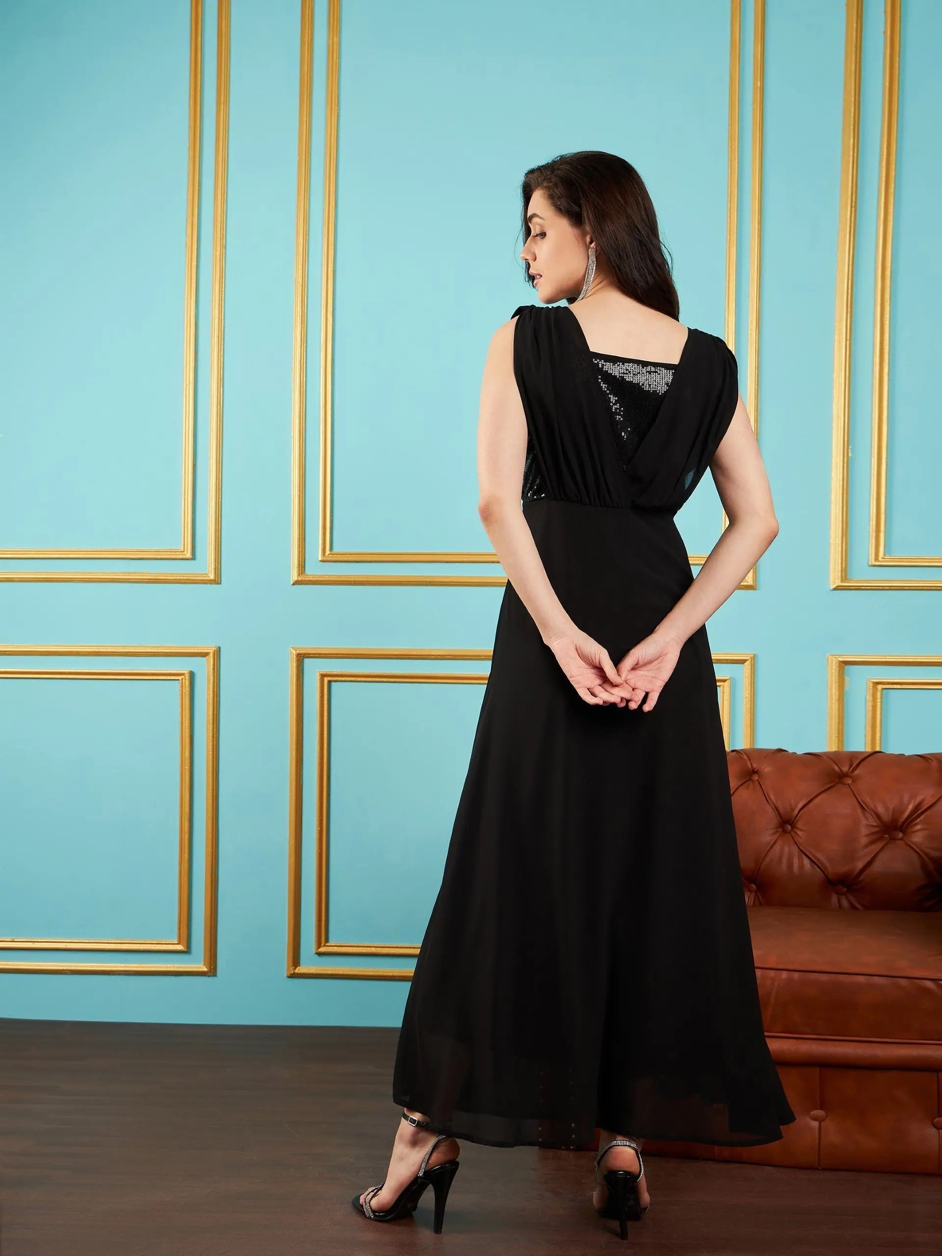 Black Sequin Cowl Neck Maxi Dress - Wedding Lehenga Alternative