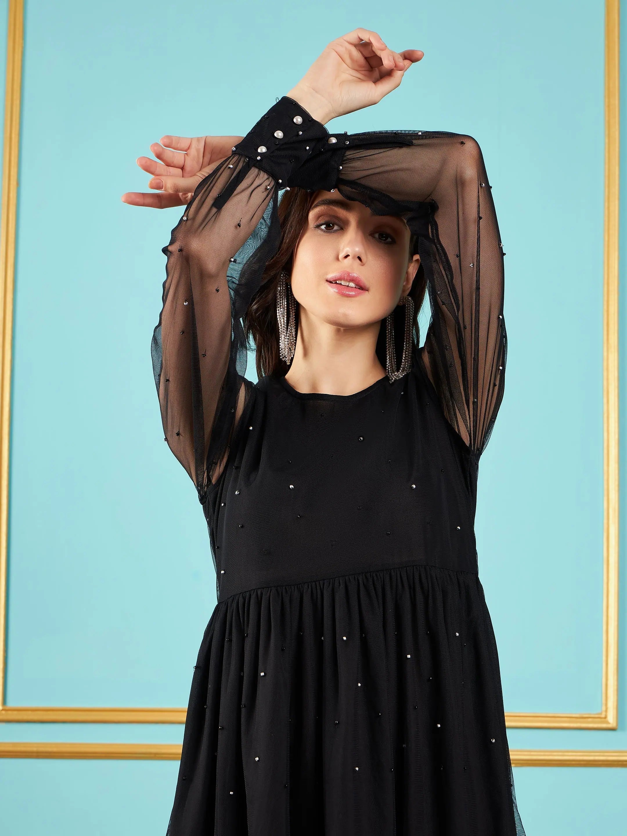 Black Embellished Mesh Skater Dress - Festive Lehenga Option