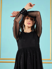Women Black Embellished Mesh Skater Dress