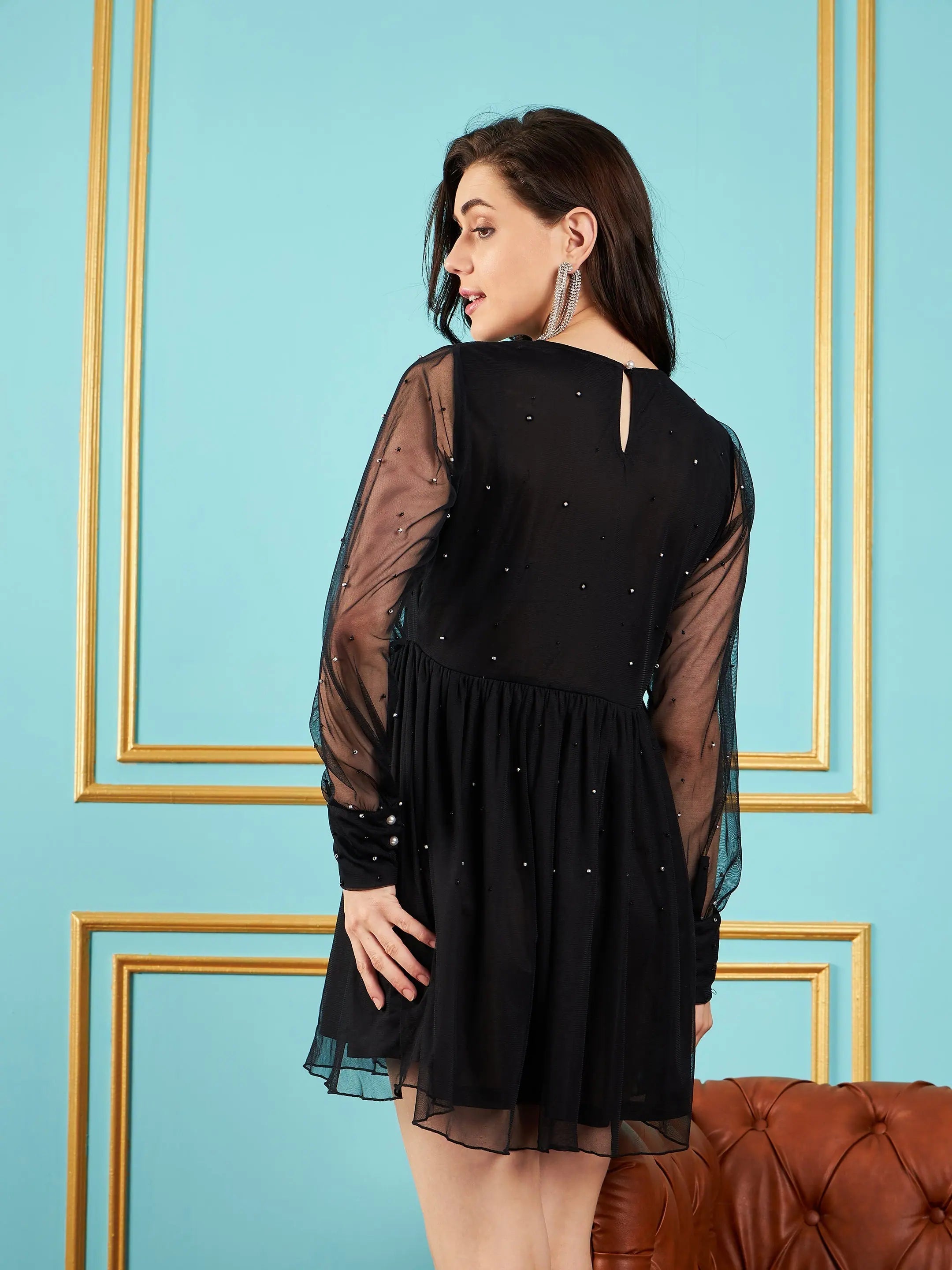 Black Embellished Mesh Skater Dress - Festive Lehenga Option