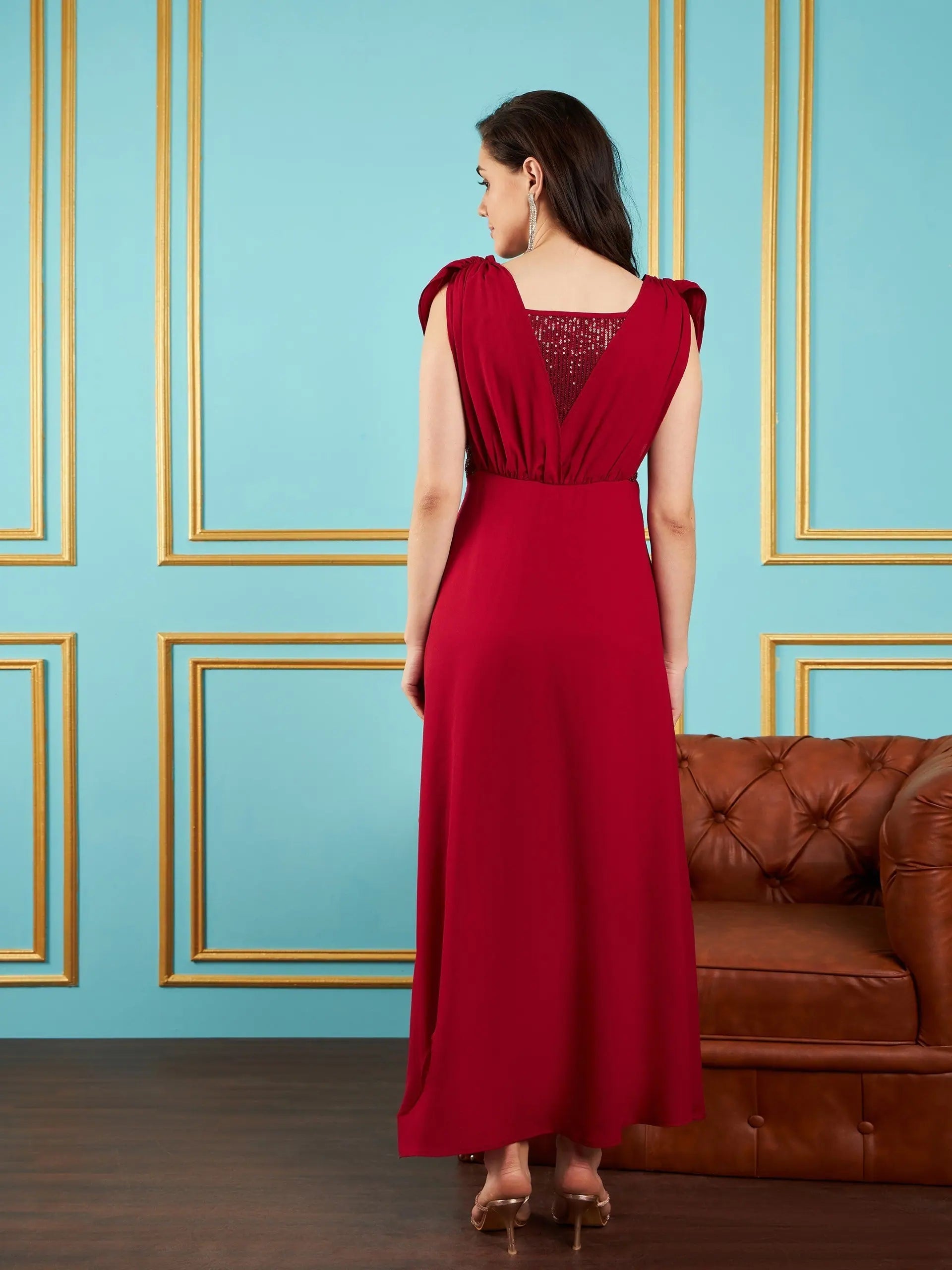 Maroon Sequin Cowl Neck Maxi Dress - Designer Lehenga Style
