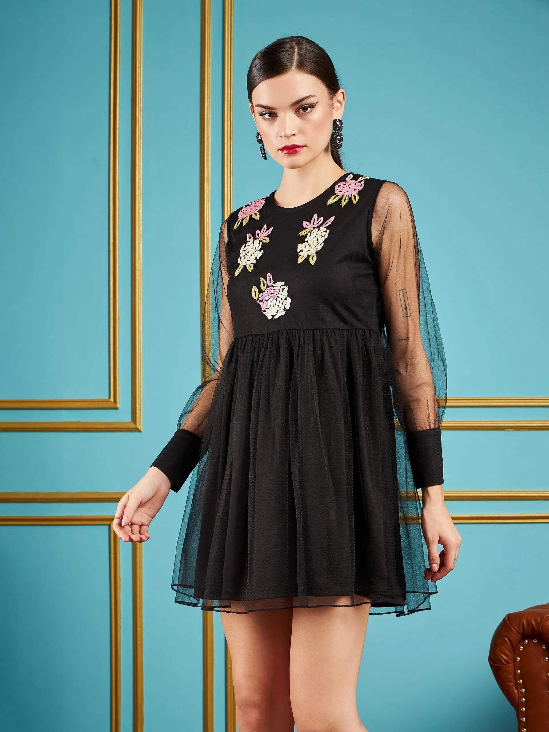 Black Embellished Mesh Skater Dress - Party Wear Lehenga