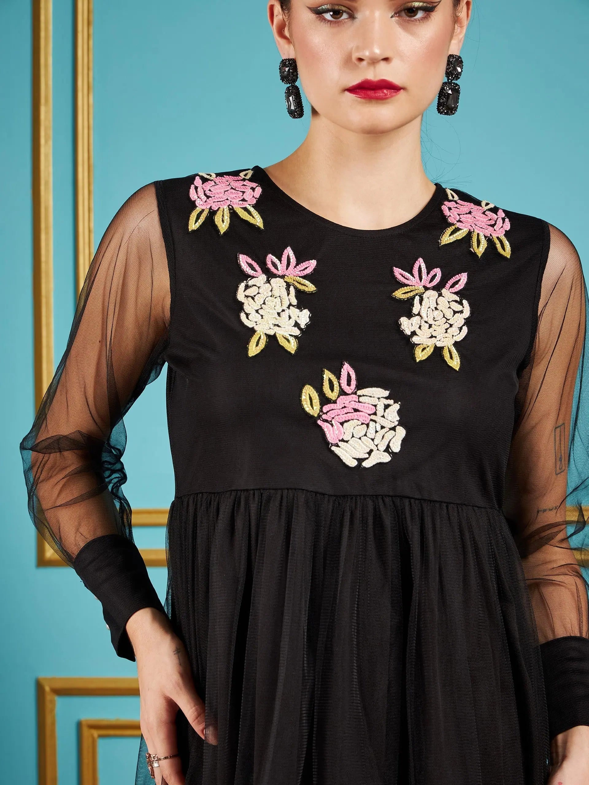 Black Embellished Mesh Skater Dress - Party Wear Lehenga