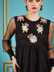 Women Black Front Embellished Mesh Skater Dress