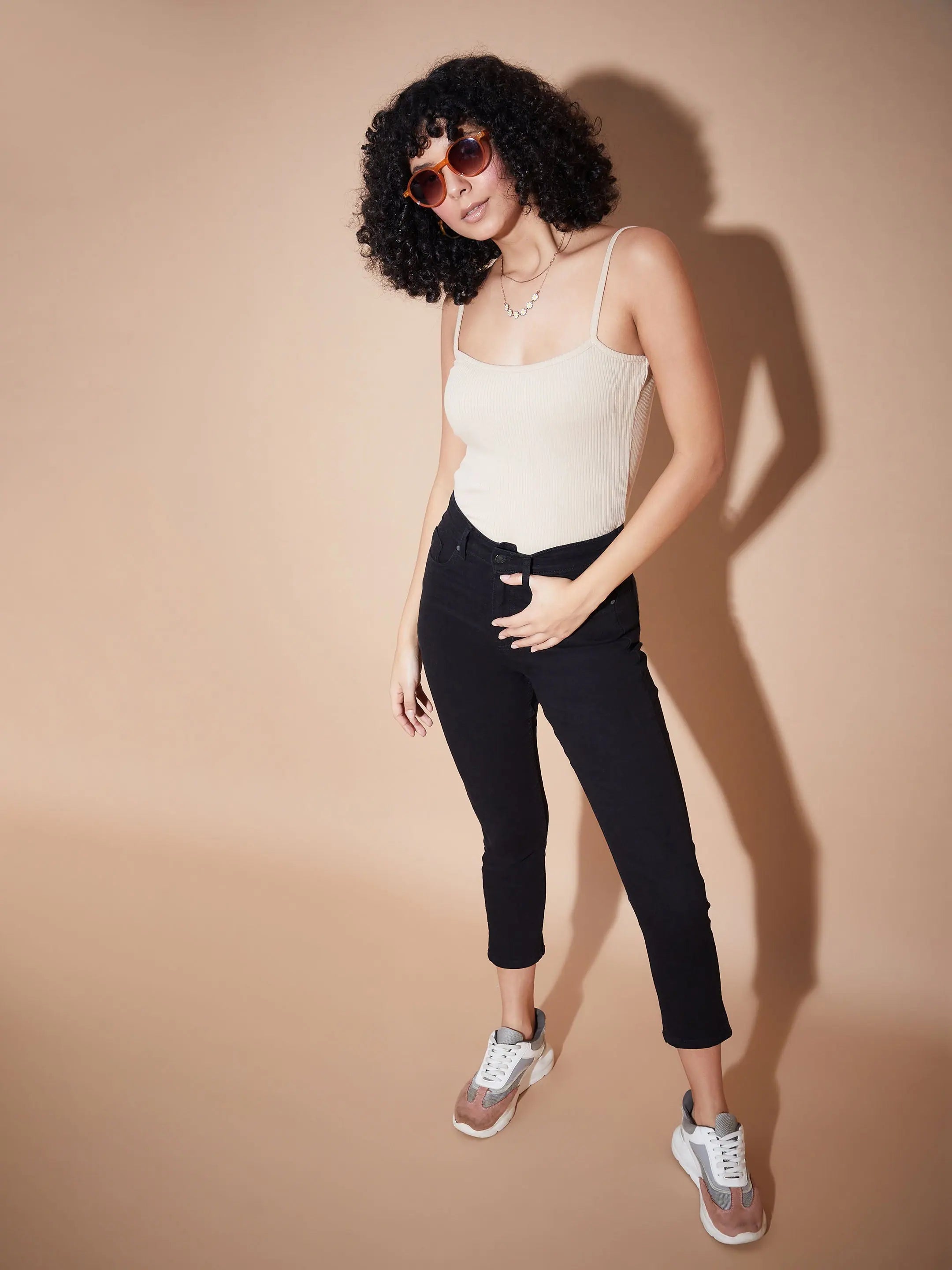 Beige Rib Square Neck Top | Women's Western Clothing