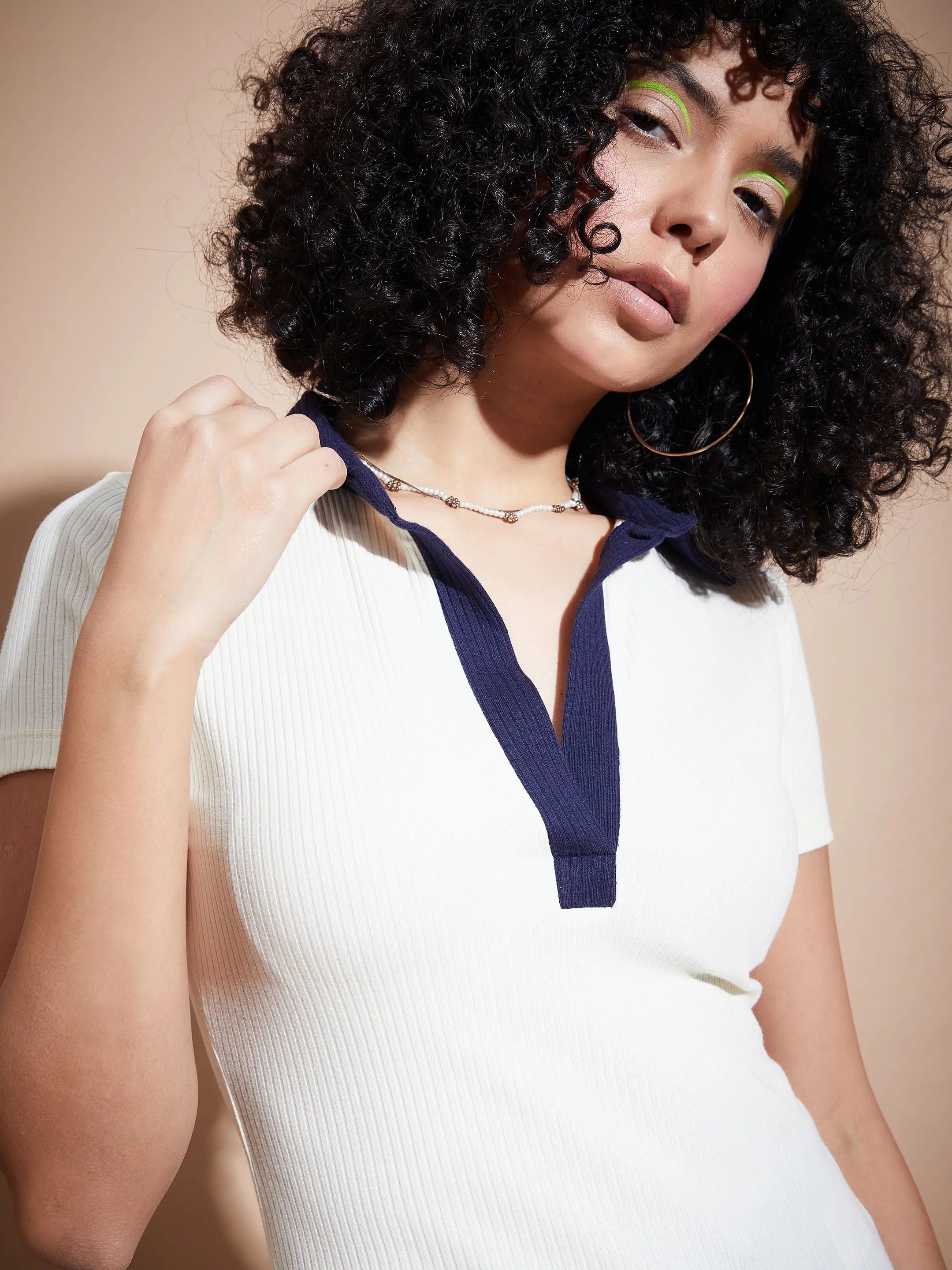 Off White Ribbed Polo Neck Top | Women's Blouses & Shirts