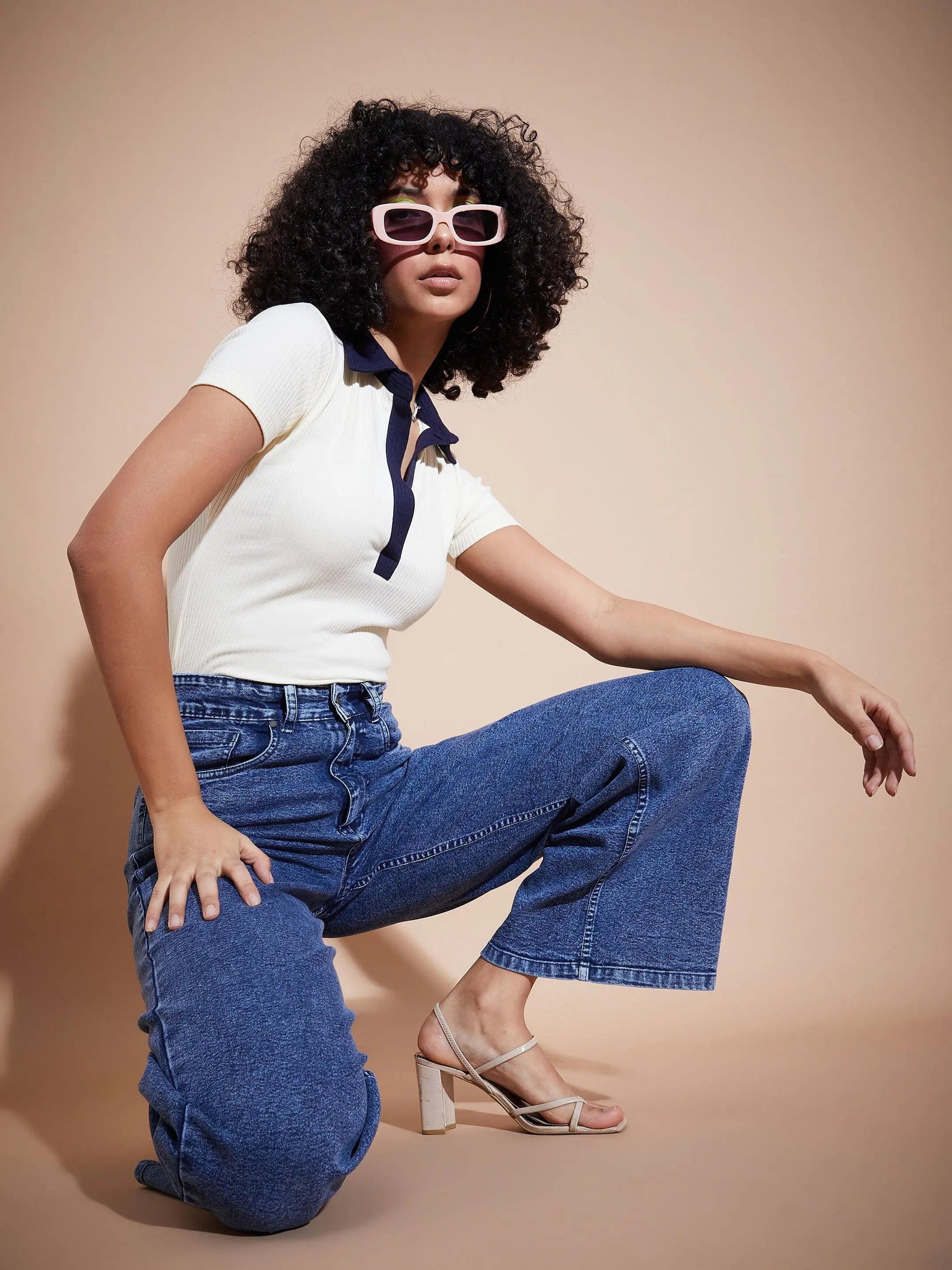 Off White Ribbed Polo Neck Top | Women's Blouses & Shirts