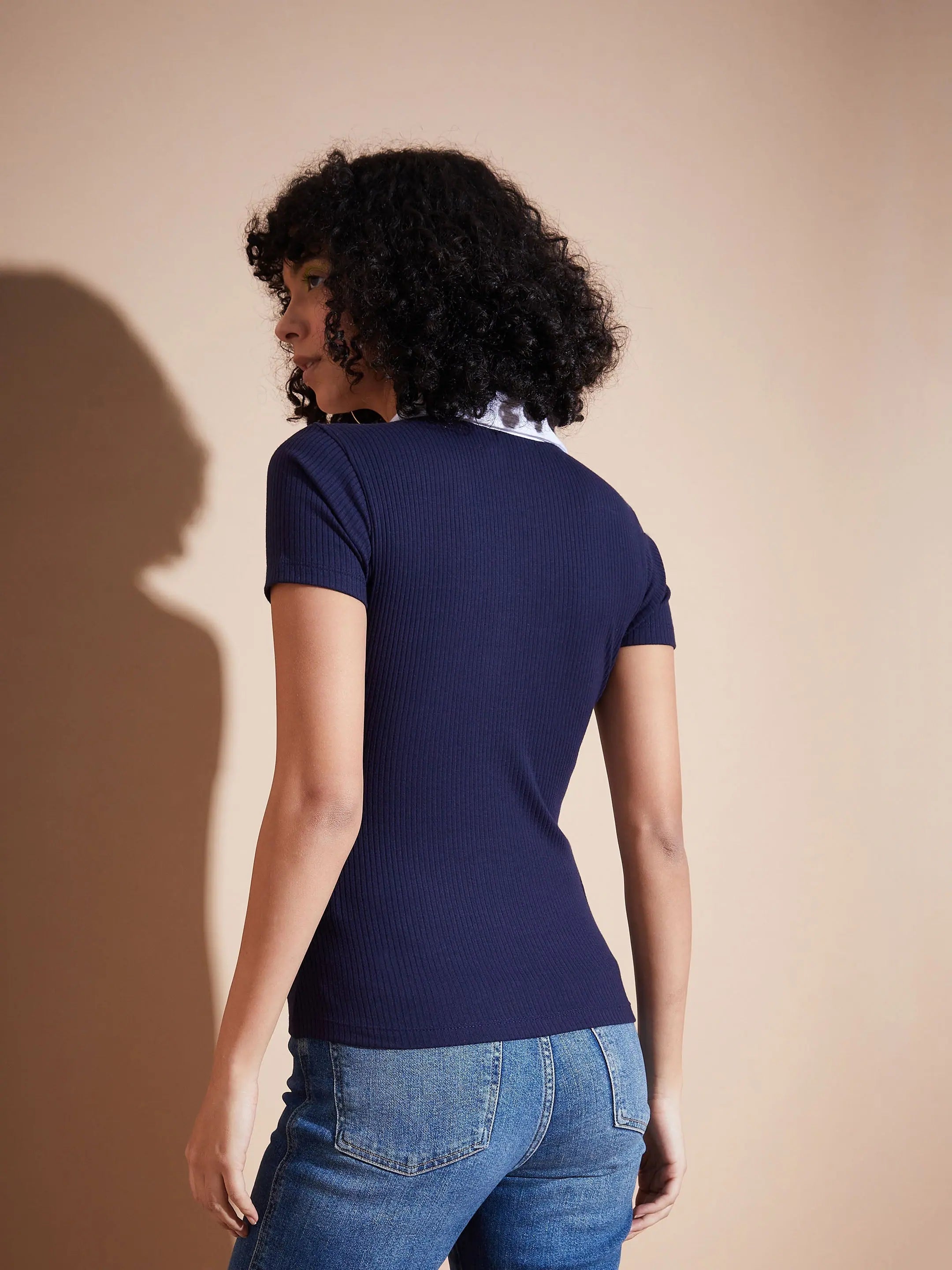 Navy Rib Contrast Polo Neck Top | Women's Western Wear
