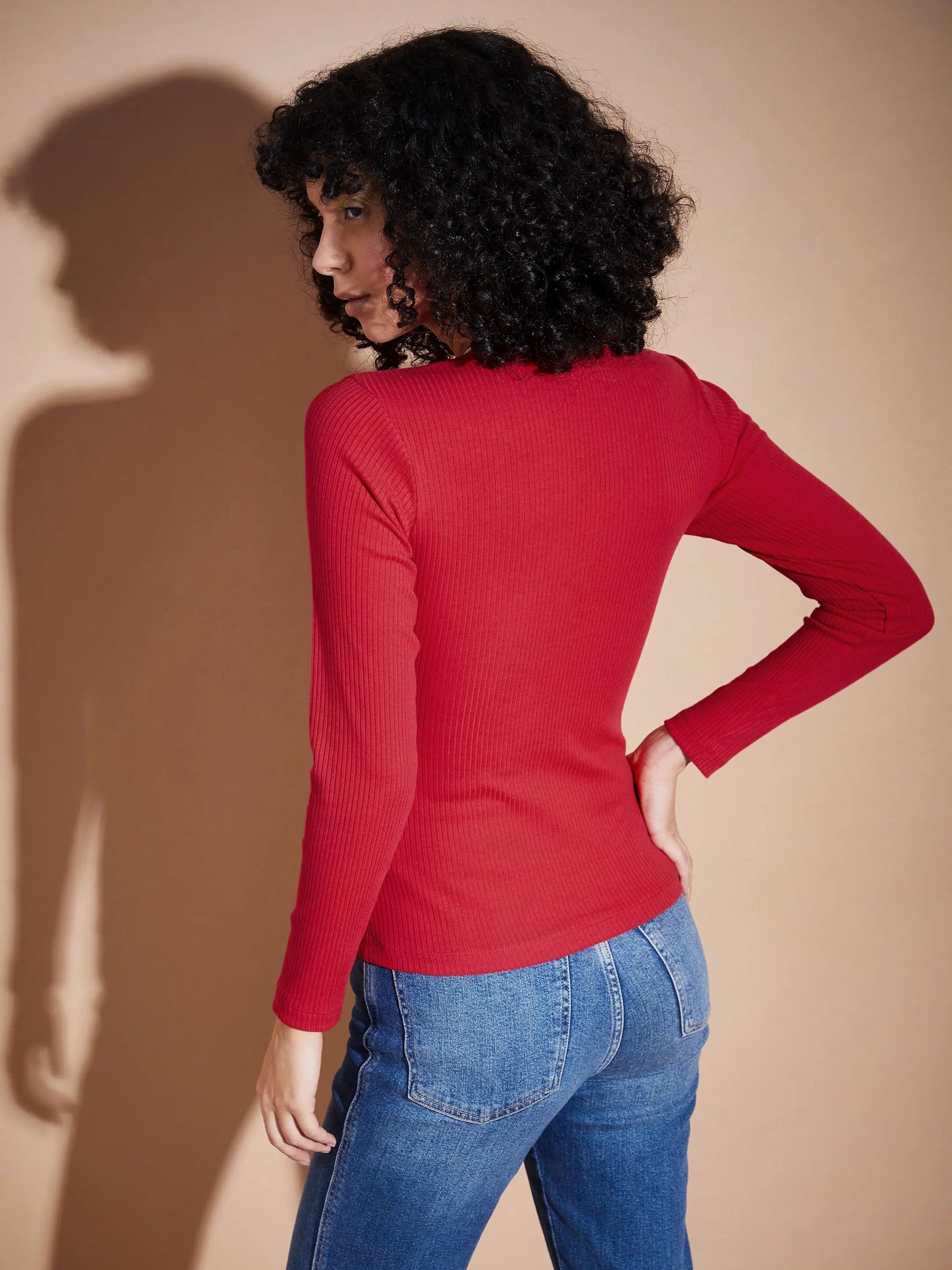 Pink Rib V-Neck Regular Top | Women's Western Clothing