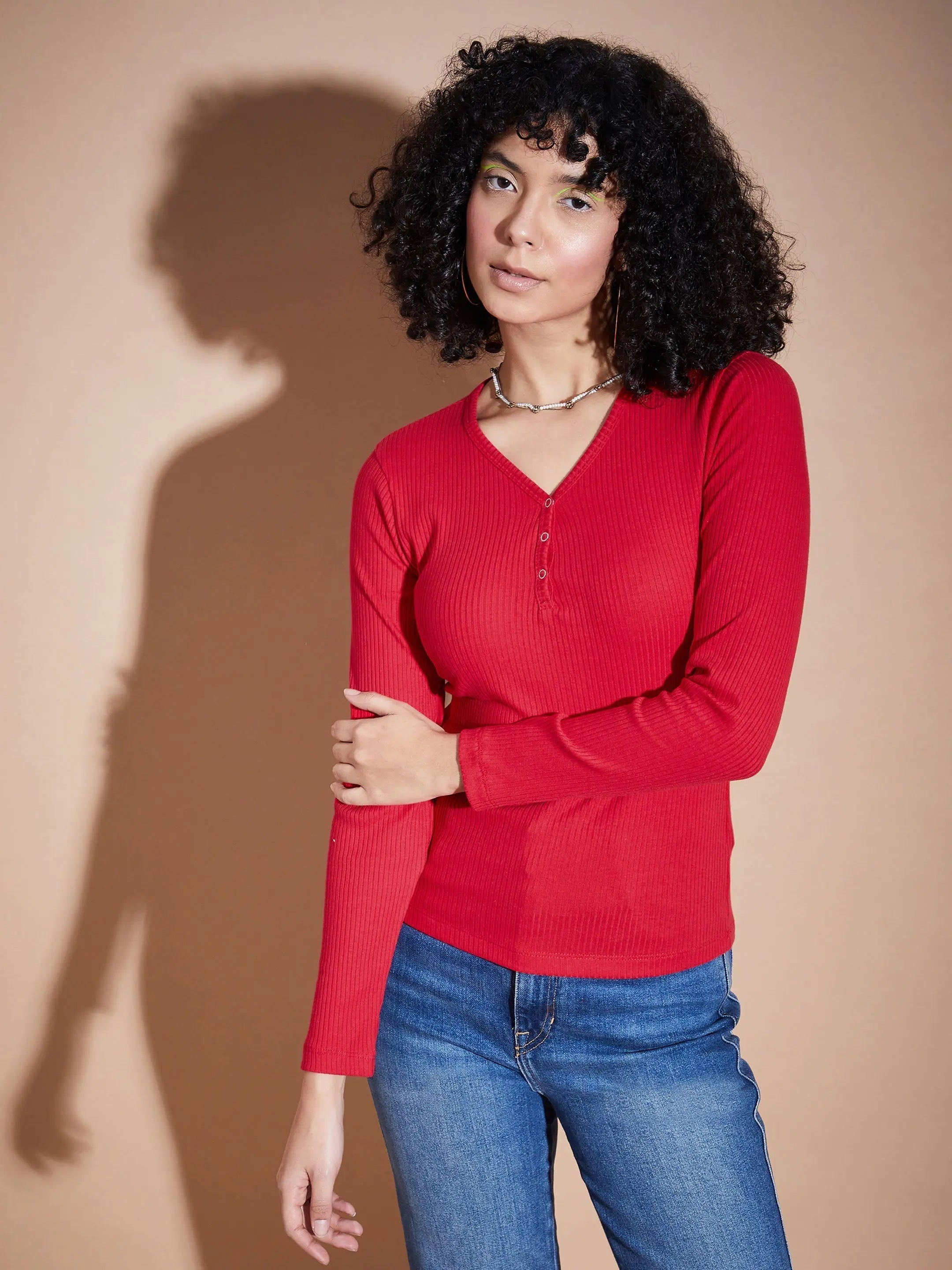 Pink Rib V-Neck Regular Top | Women's Western Clothing