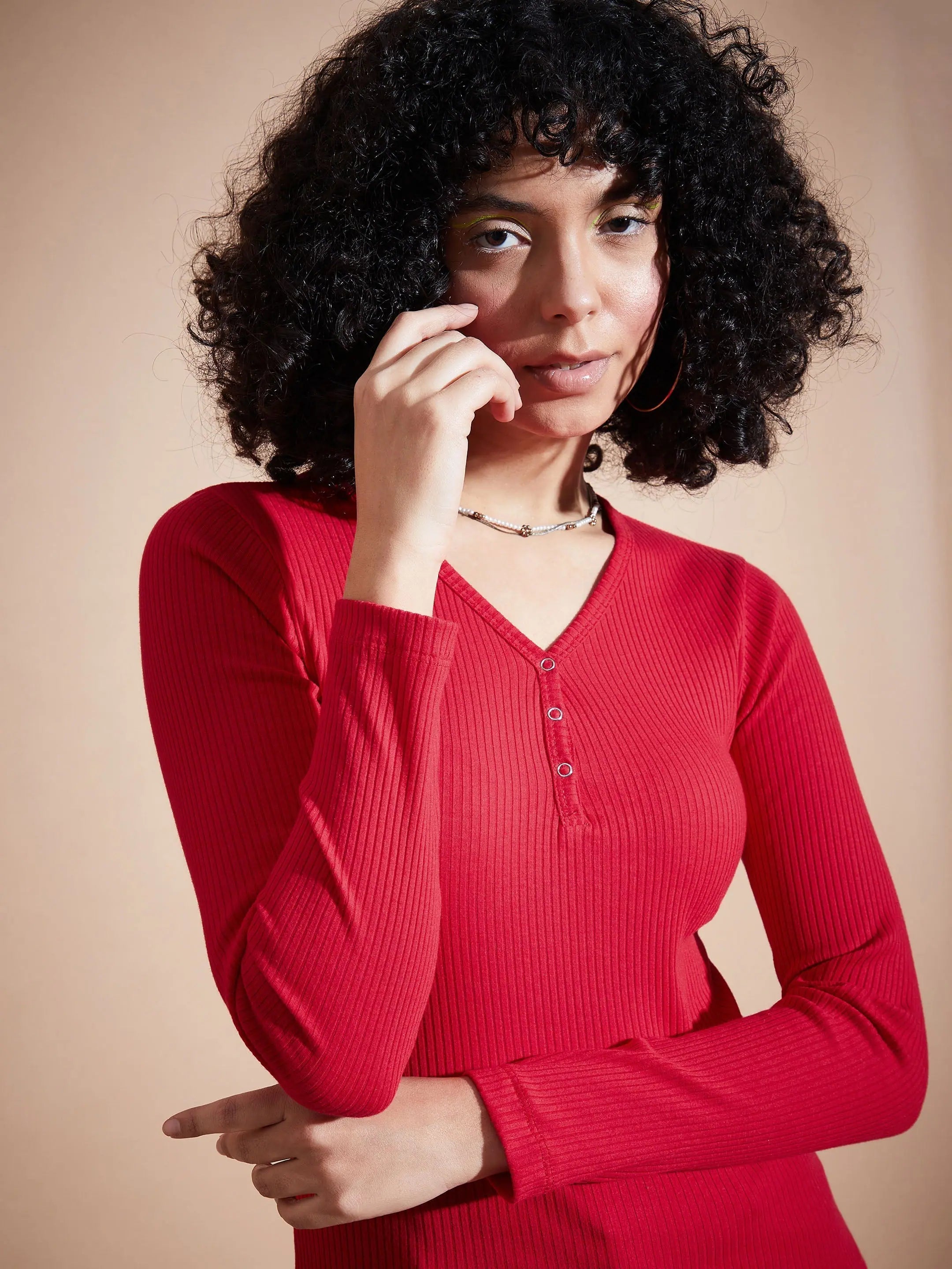 Pink Rib V-Neck Regular Top | Women's Western Clothing