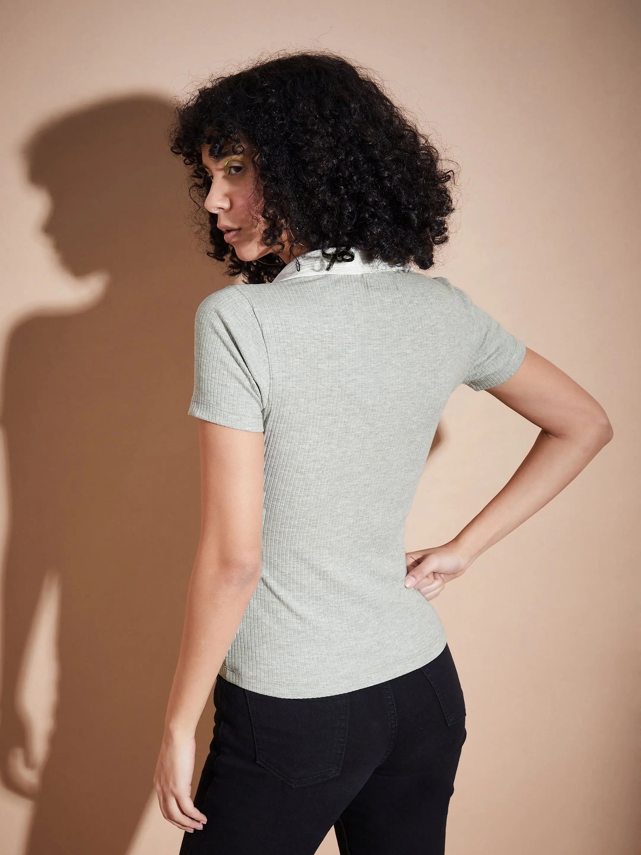 Grey Rib Contrast Polo Neck Top | Women's Western Wear