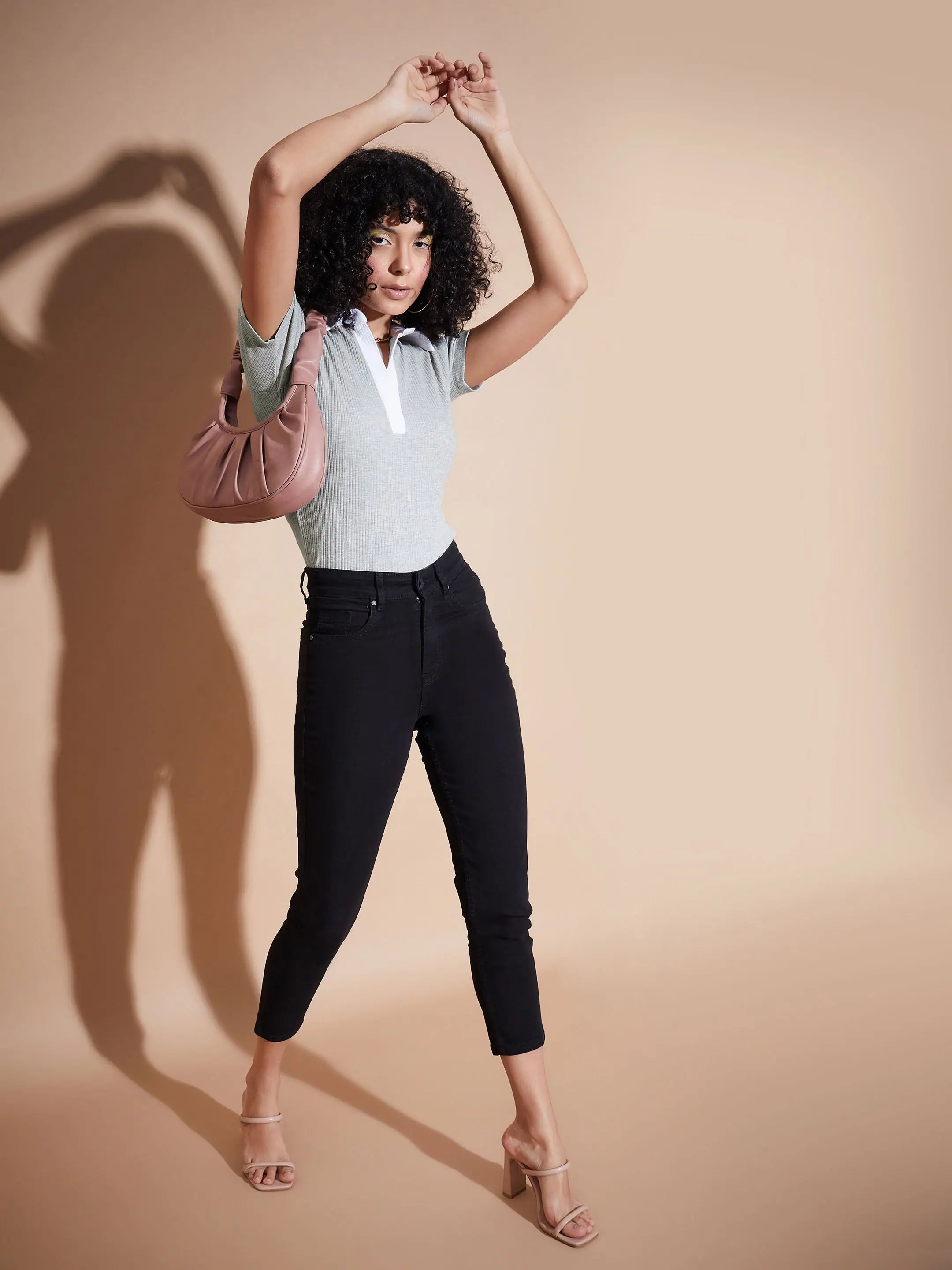 Grey Rib Contrast Polo Neck Top | Women's Western Wear