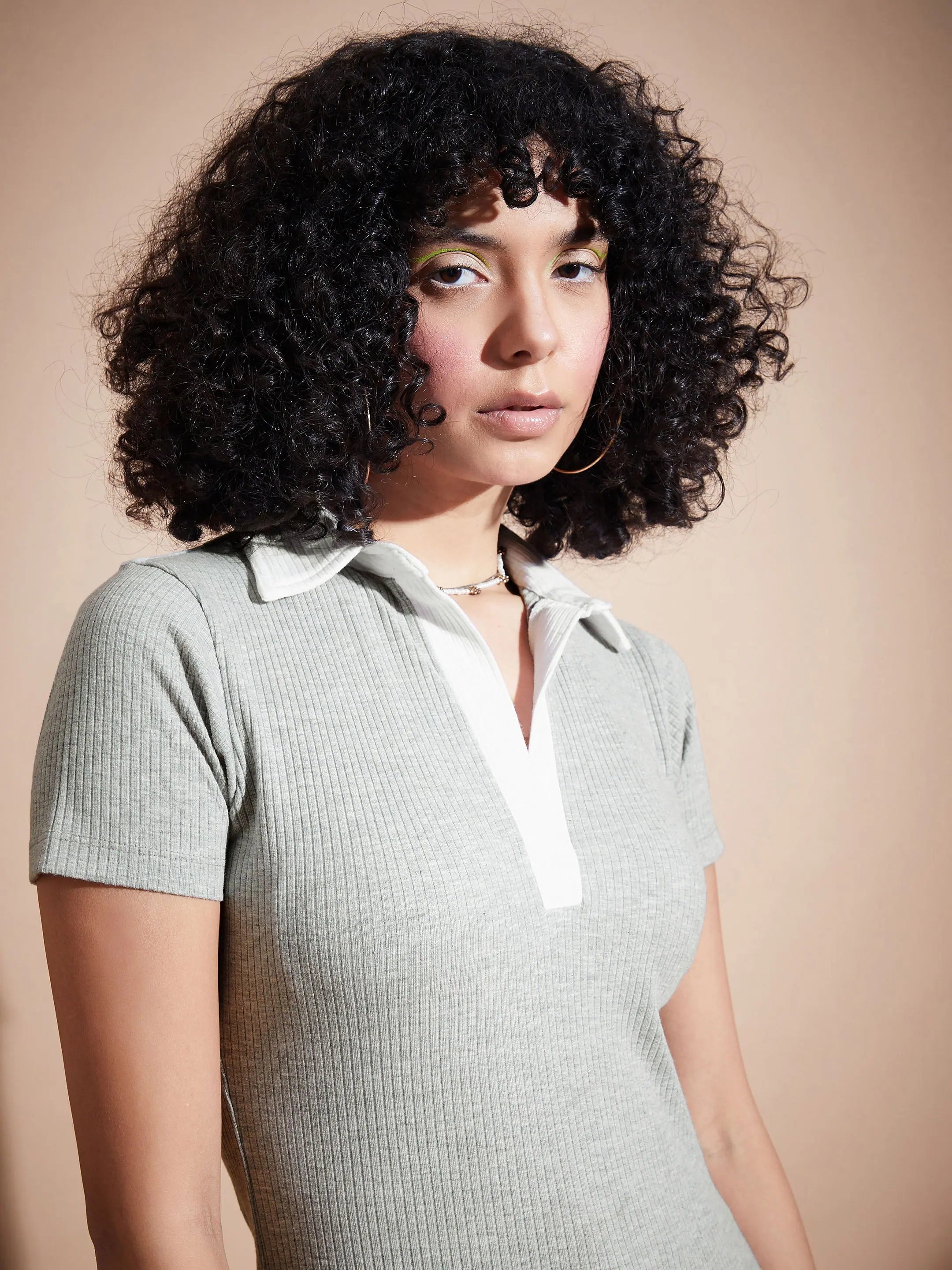 Grey Rib Contrast Polo Neck Top | Women's Western Wear