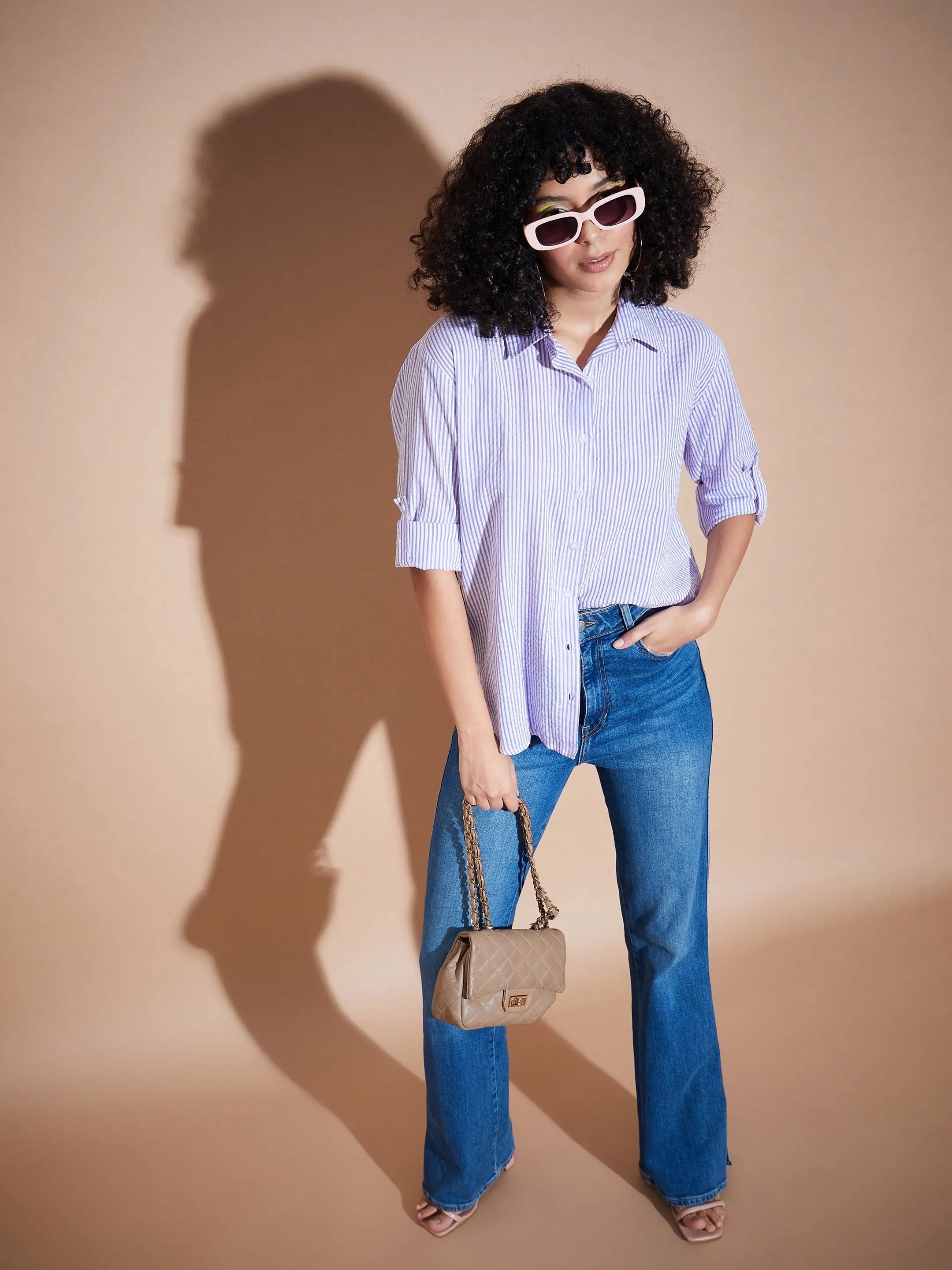 Purple Seersucker Pinstriped Oversized Shirt | Women's Clothing