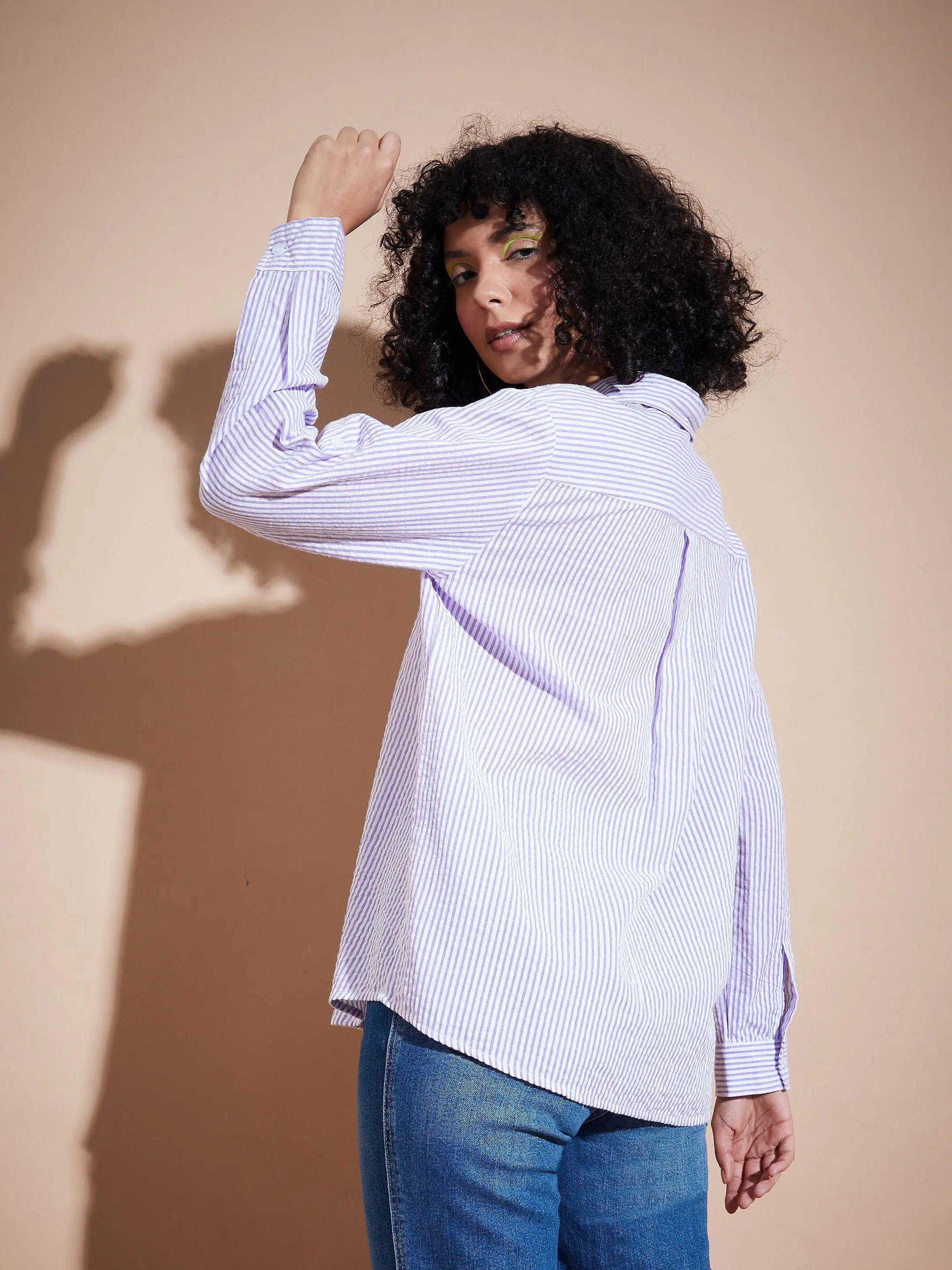 Purple Seersucker Pinstriped Oversized Shirt | Women's Clothing