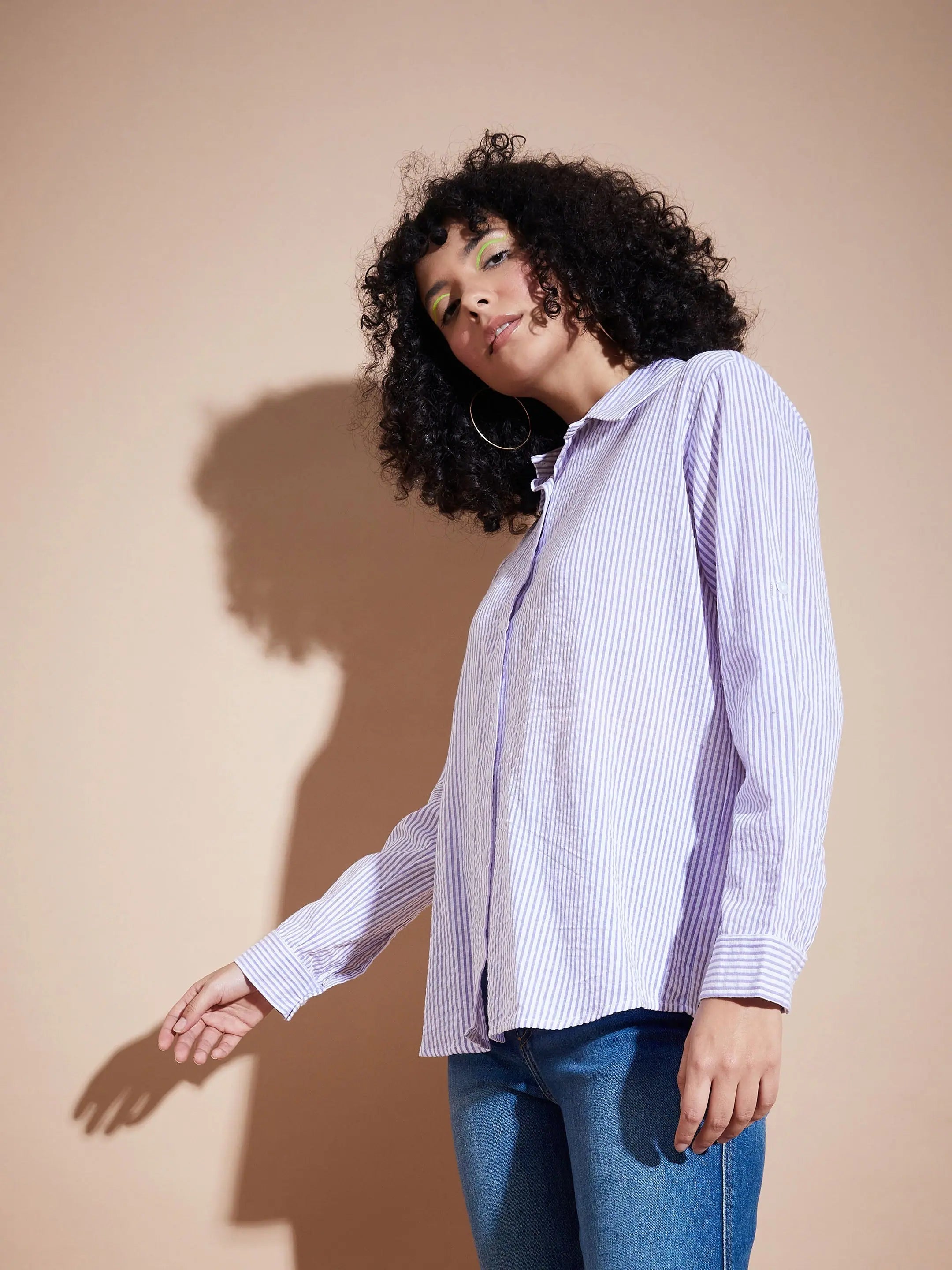 Purple Seersucker Pinstriped Oversized Shirt | Women's Clothing