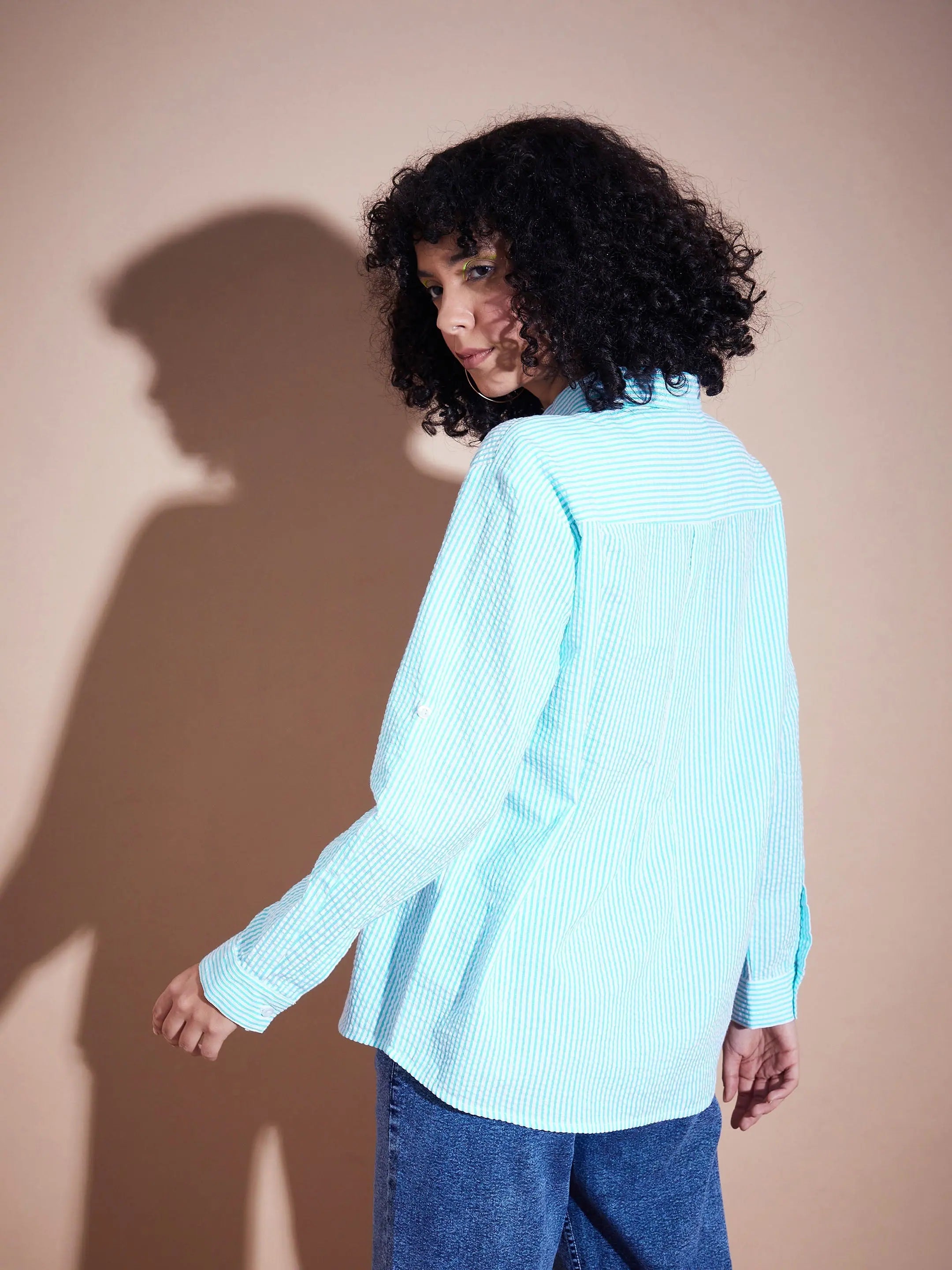 Blue Seersucker Oversized Shirt | Women's Casual Tops