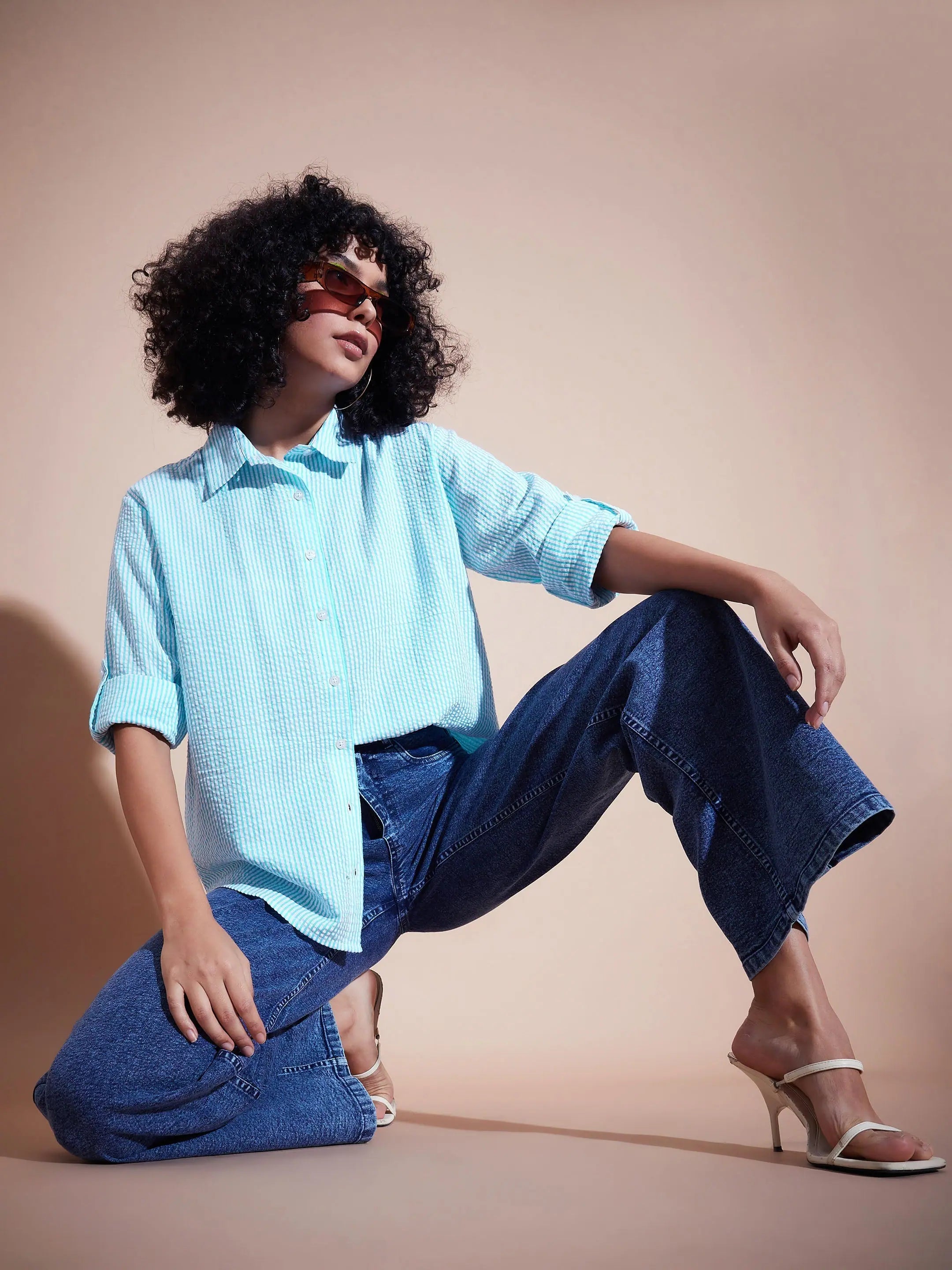 Blue Seersucker Oversized Shirt | Women's Casual Tops