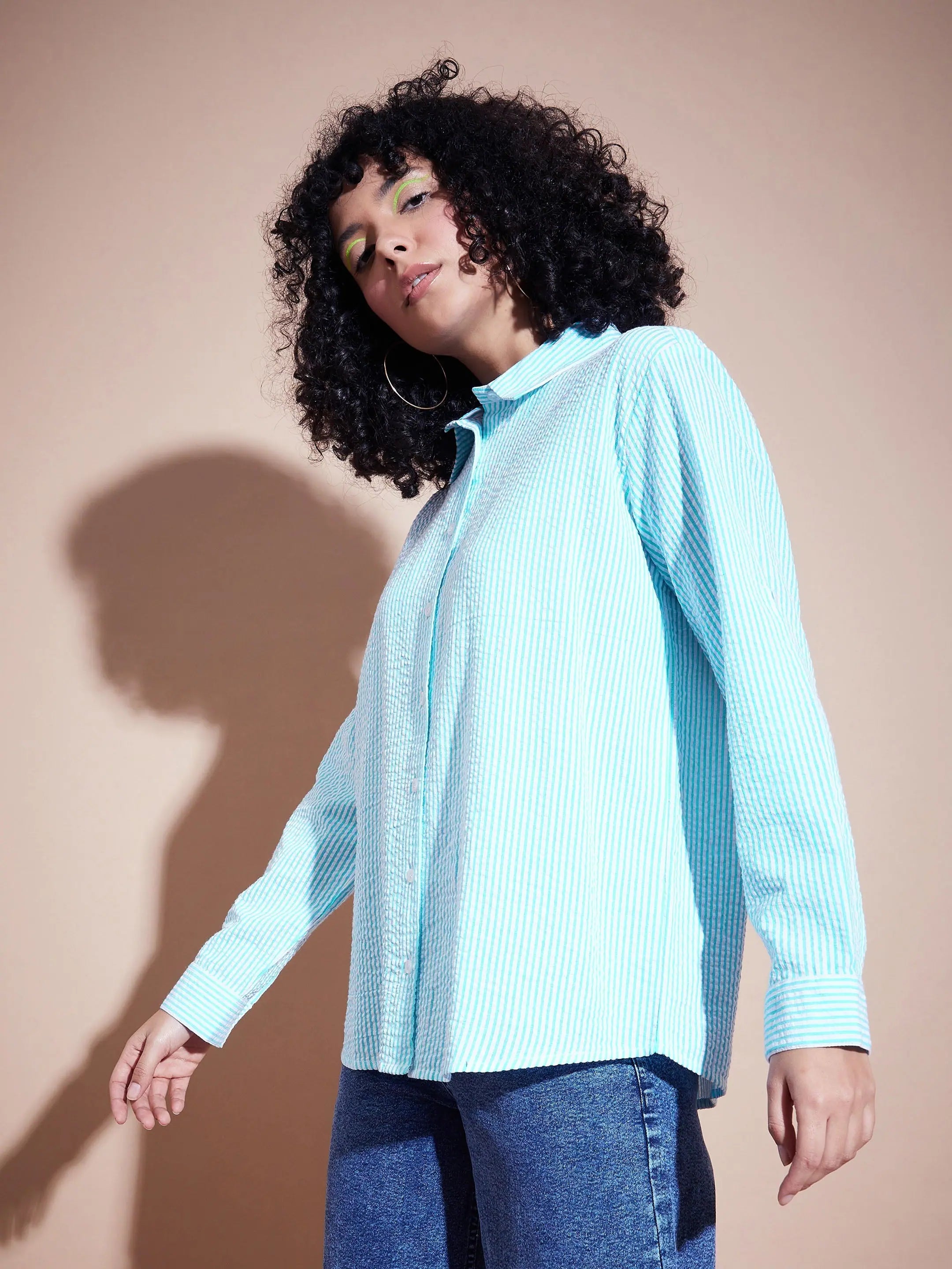 Blue Seersucker Oversized Shirt | Women's Casual Tops