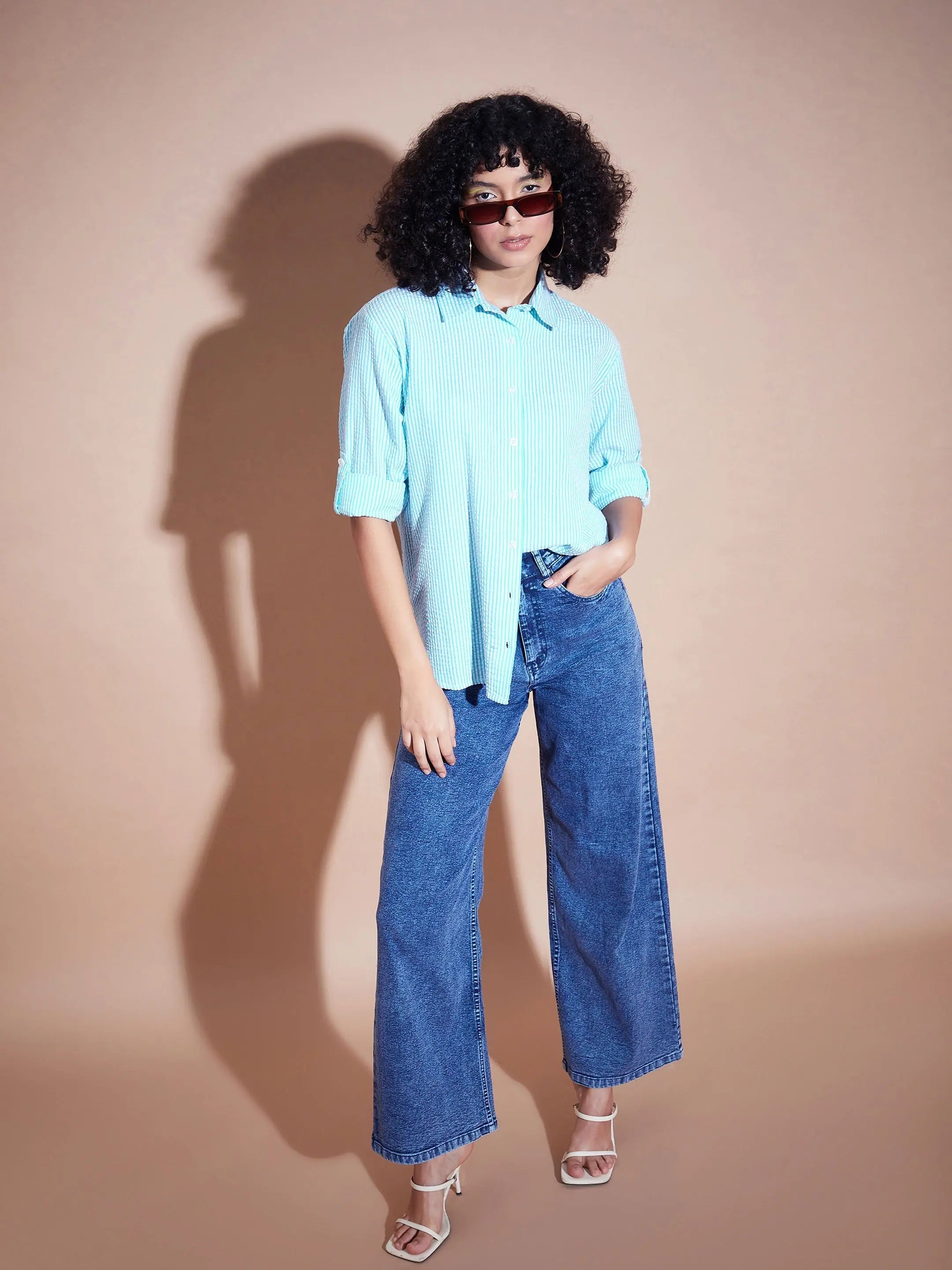 Blue Seersucker Oversized Shirt | Women's Casual Tops