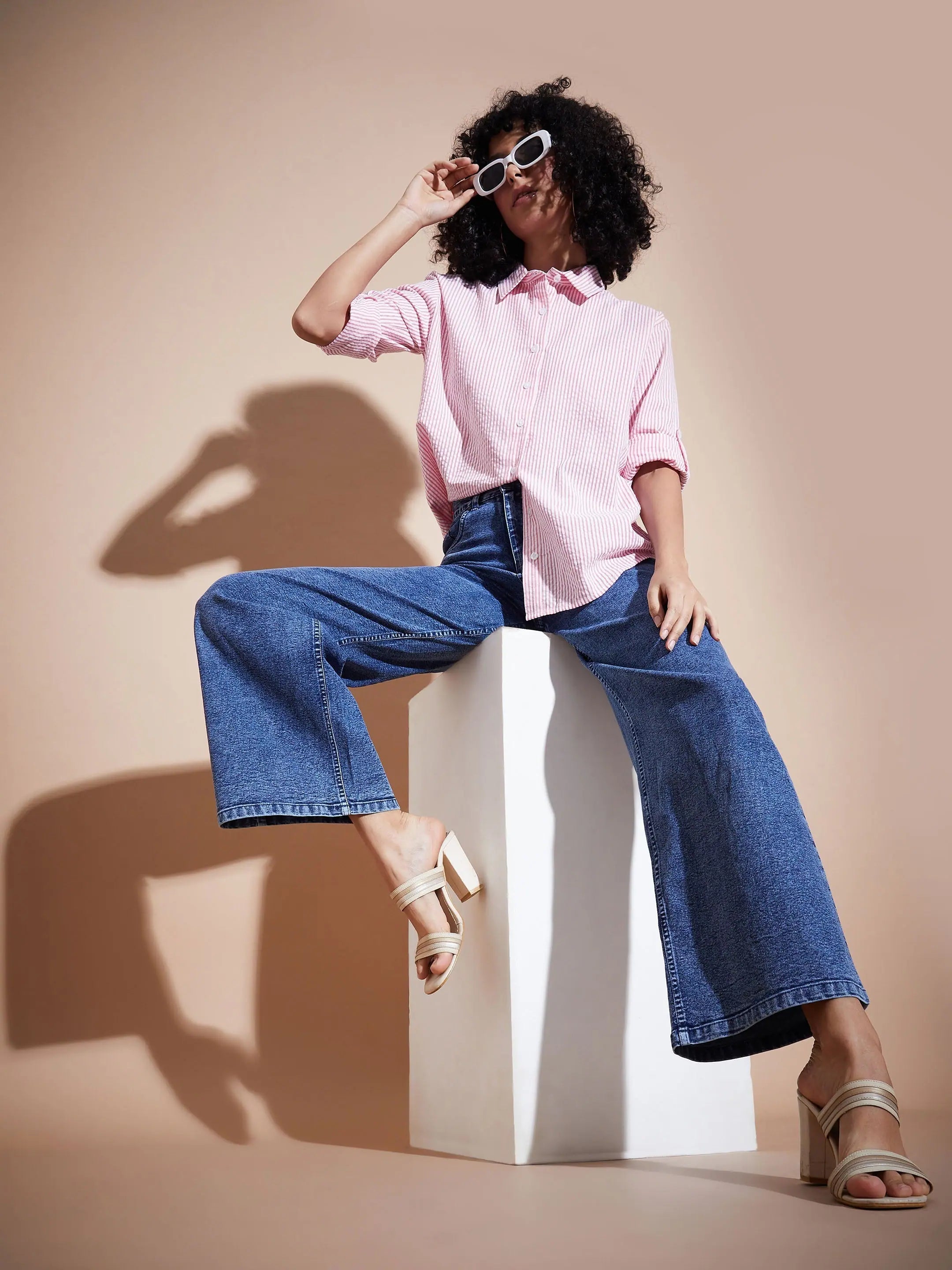 Pink Pinstriped Oversized Shirt - Women's Designer Lehenga Look