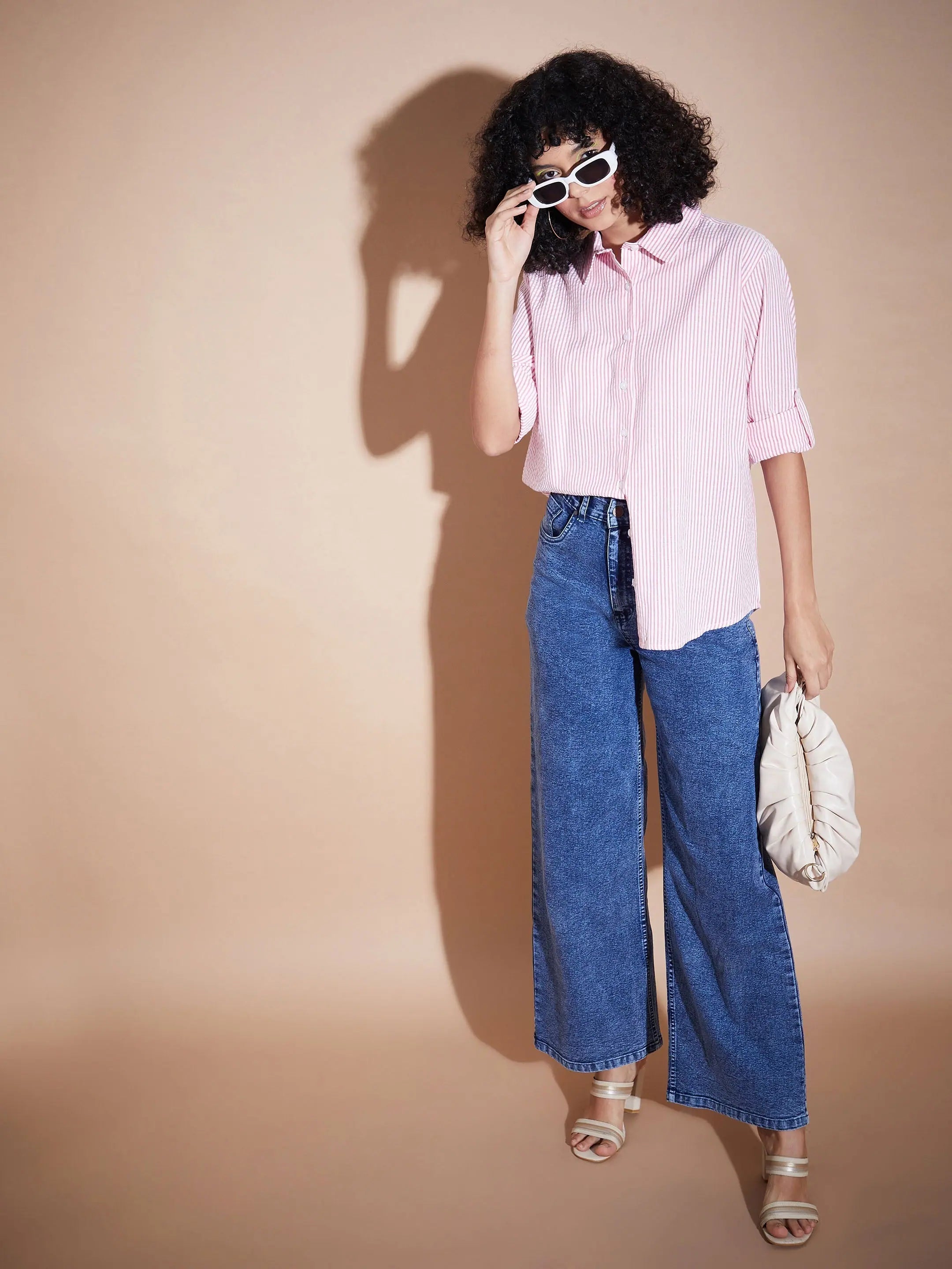 Pink Pinstriped Oversized Shirt - Women's Designer Lehenga Look