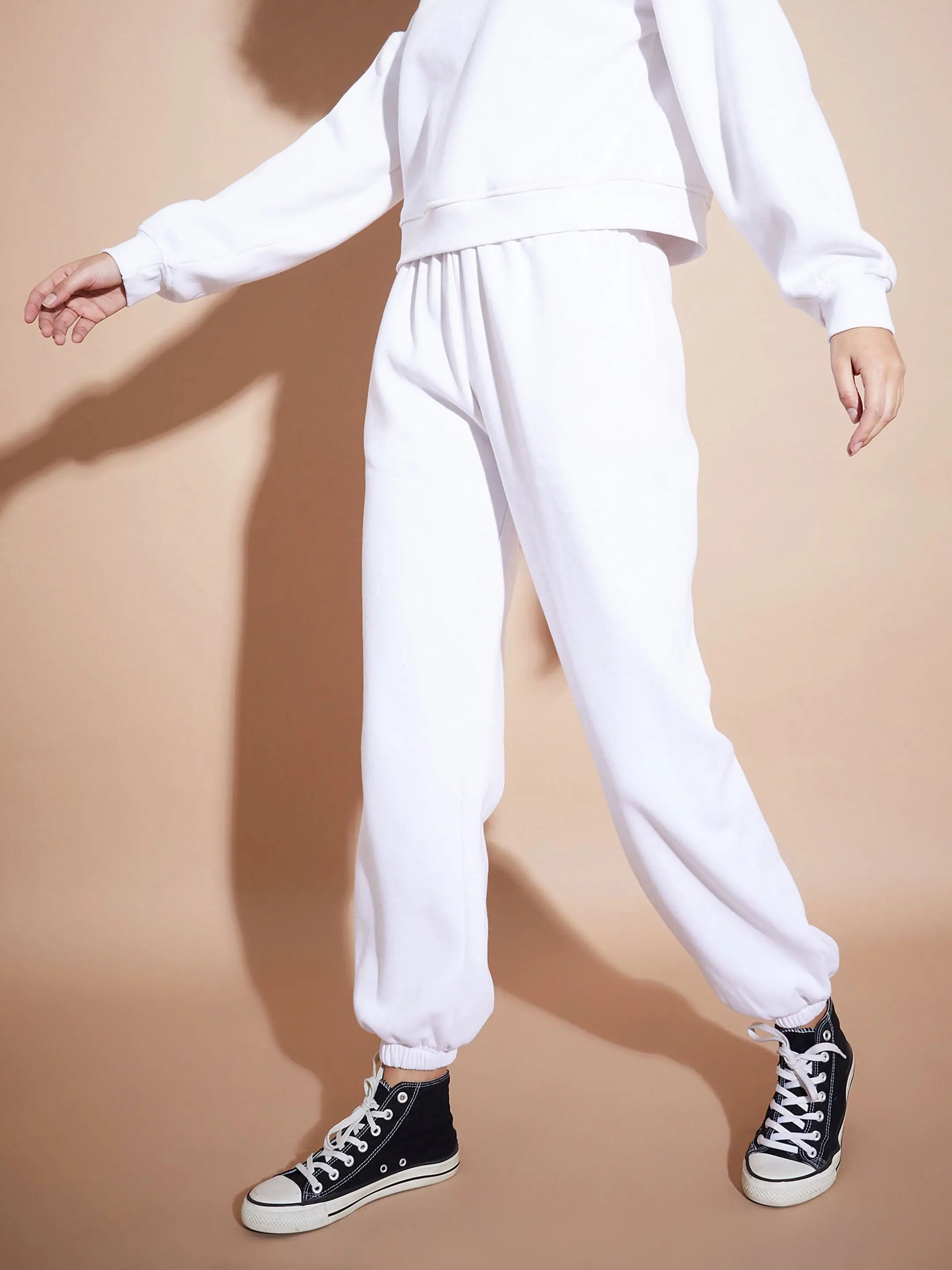 White Premium Fleece Baggy Joggers | Women's Activewear Sets
