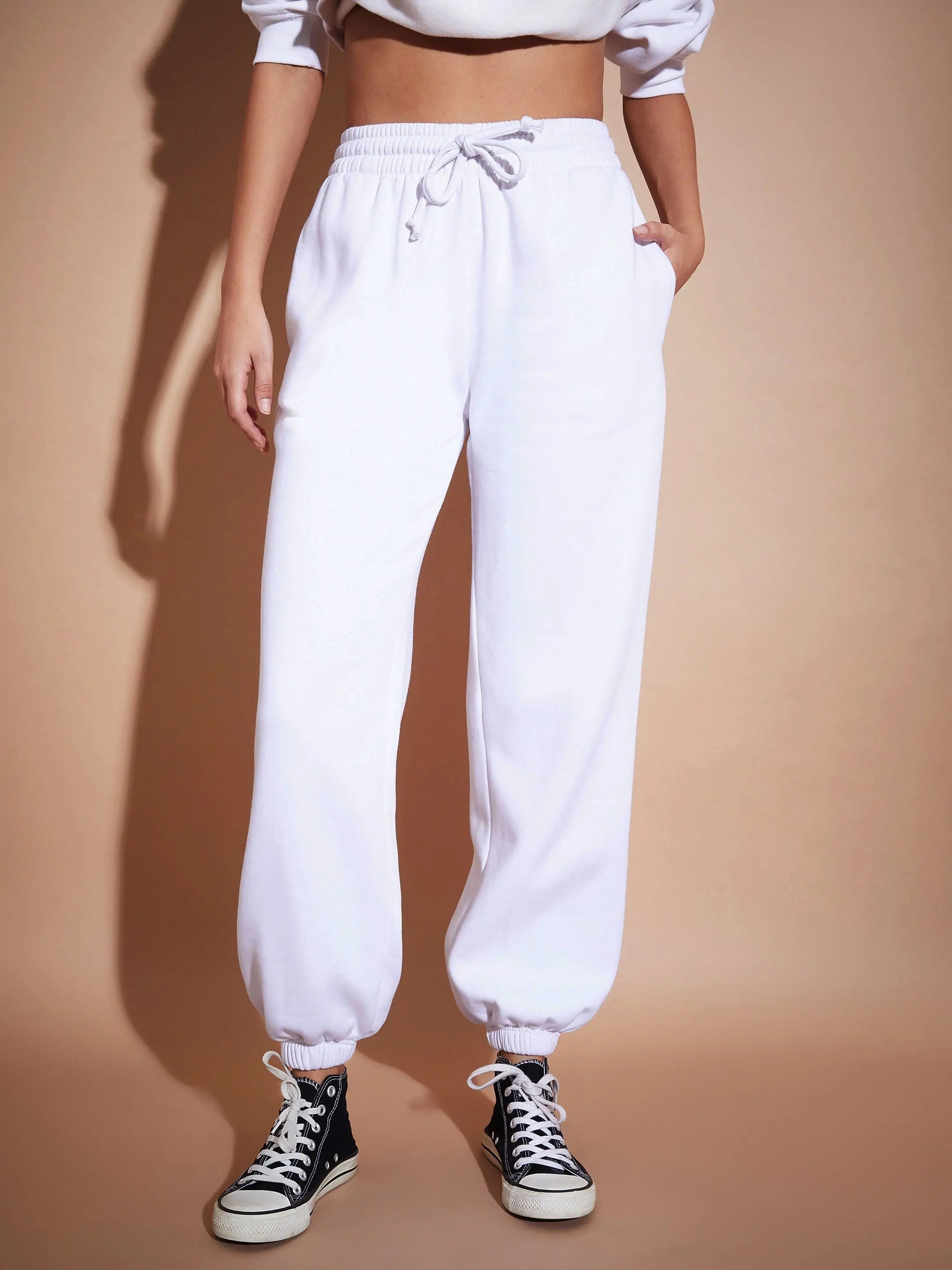 White Premium Fleece Baggy Joggers | Women's Activewear Sets