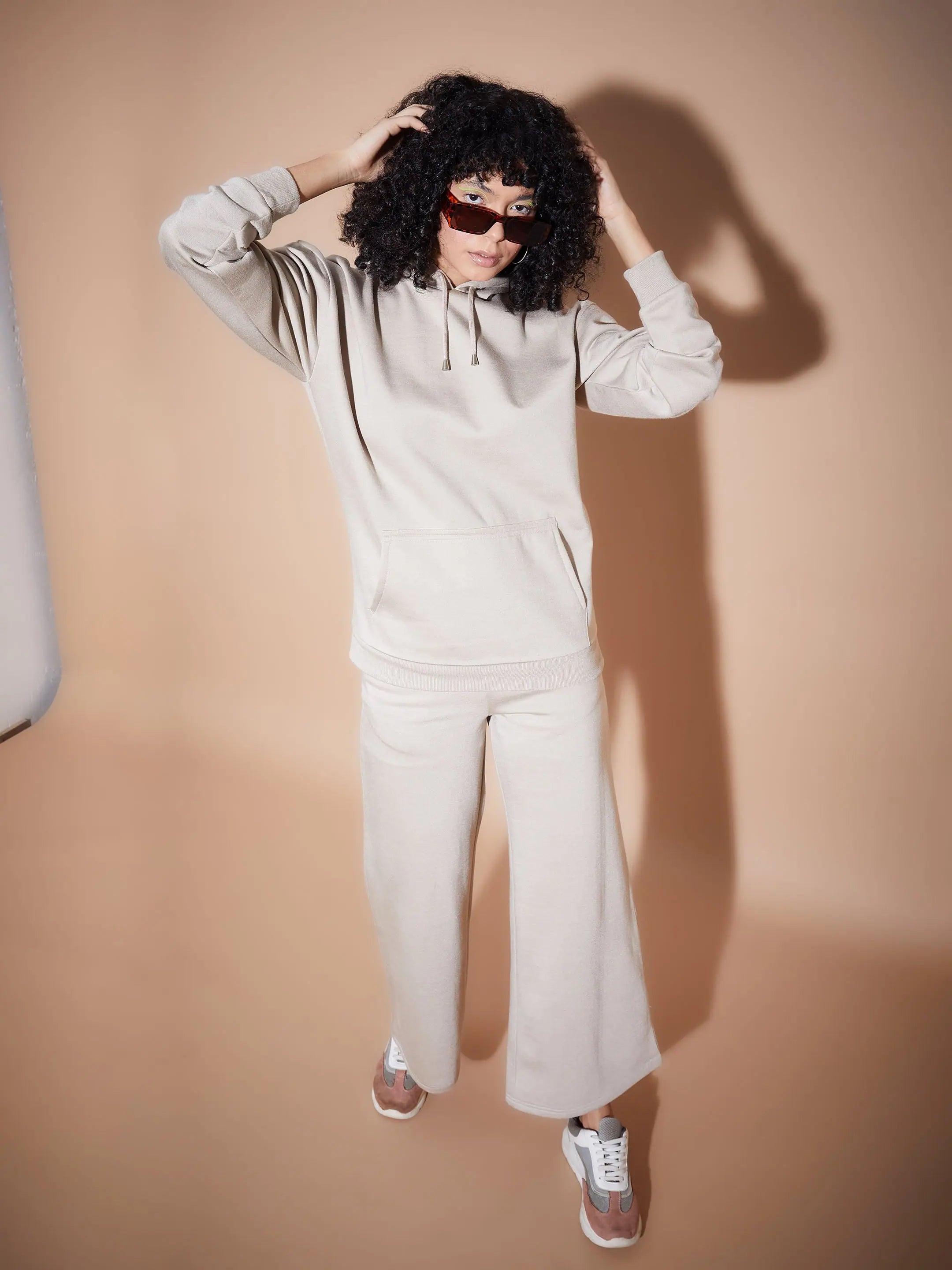 Beige Fleece Wide Leg Track Pants | Women's Workout Pants