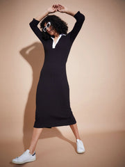 Women Black Rib Contrast Collar Midi Dress-SFDRSS11839XS