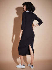 Women Black Rib Contrast Collar Midi Dress-SFDRSS11839XS