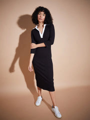 Women Black Rib Contrast Collar Midi Dress-SFDRSS11839XS