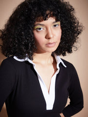 Women Black Rib Contrast Collar Midi Dress-SFDRSS11839XS