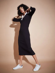 Women Black Rib Contrast Collar Midi Dress-SFDRSS11839XS
