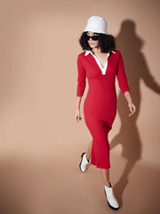 Women Pink Rib Contrast Collar Midi Dress