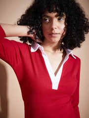 Women Pink Rib Contrast Collar Midi Dress