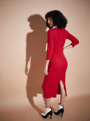 Women Pink Rib Contrast Collar Midi Dress