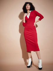 Women Pink Rib Contrast Collar Midi Dress