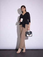 Women Black Wrap Asymmetric Peplum Top