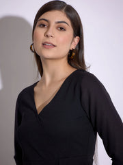 Women Black Wrap Asymmetric Peplum Top