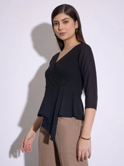 Women Black Wrap Asymmetric Peplum Top