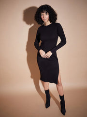 Women Black Rib Side Slit Bodycon Midi Dress-SFDRSS11842XS
