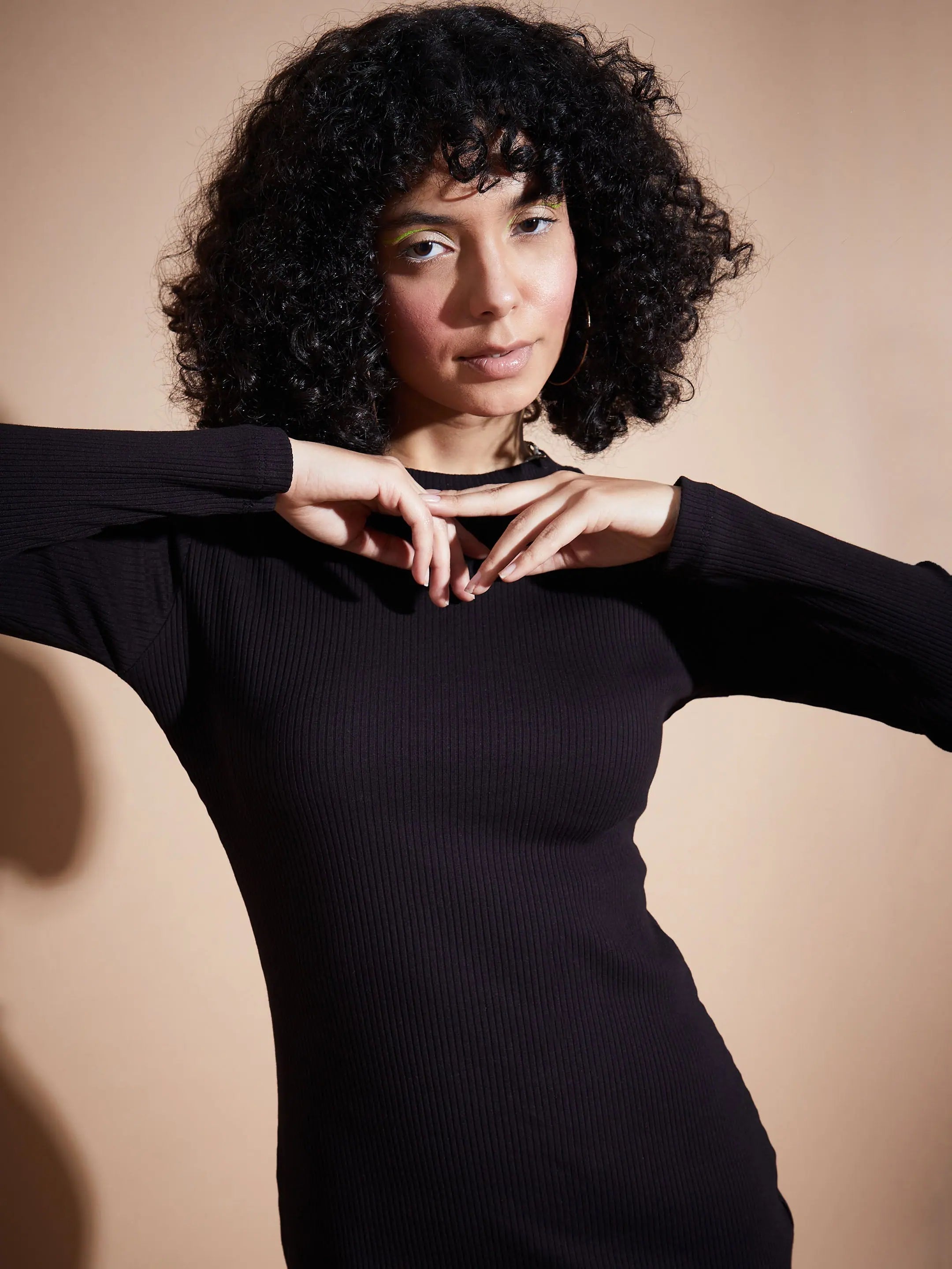 Black Rib Bodycon Midi Dress | Lehenga Choli Online