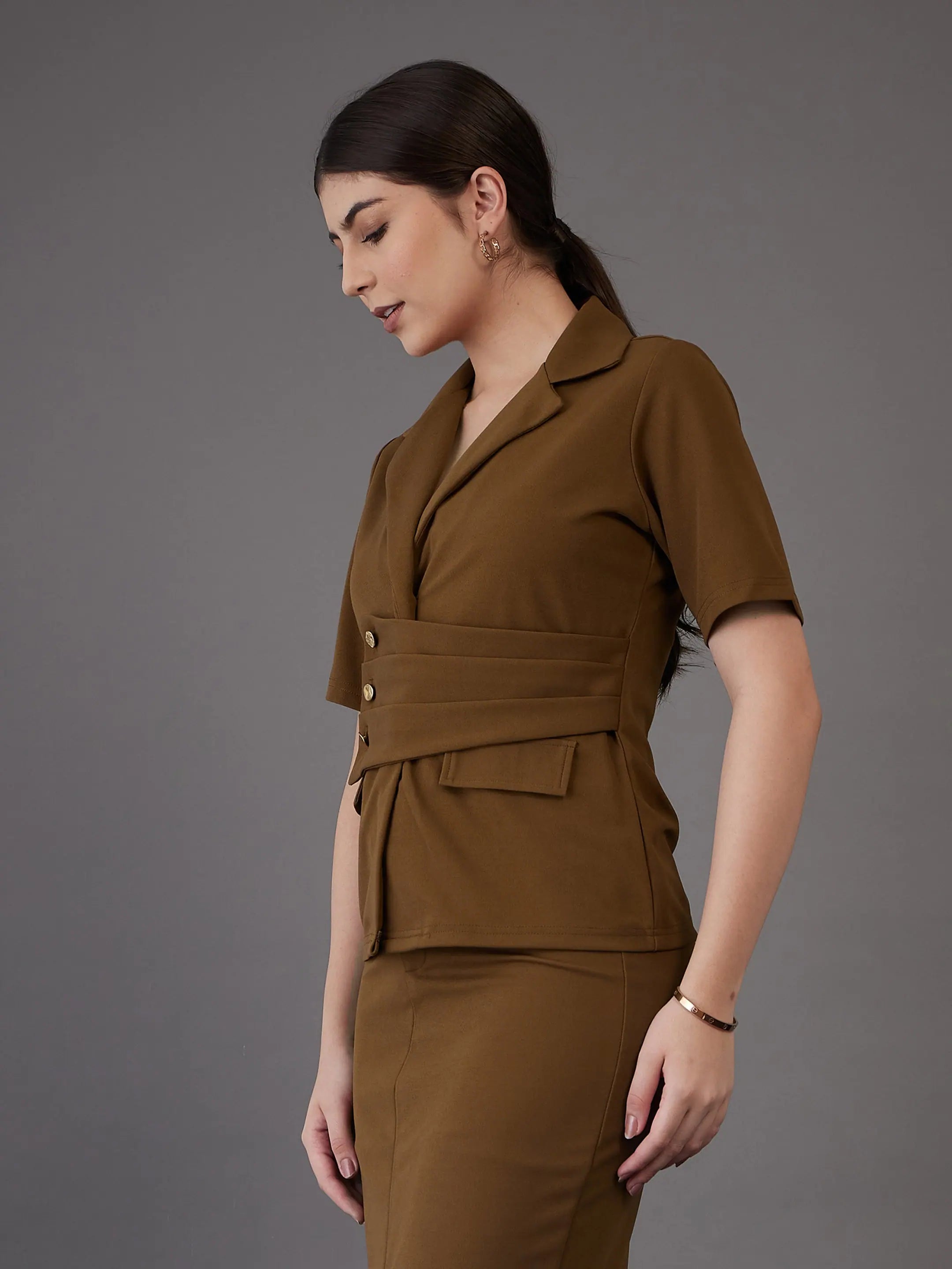 Brown Notch Collar Top - Western Outfits For Women