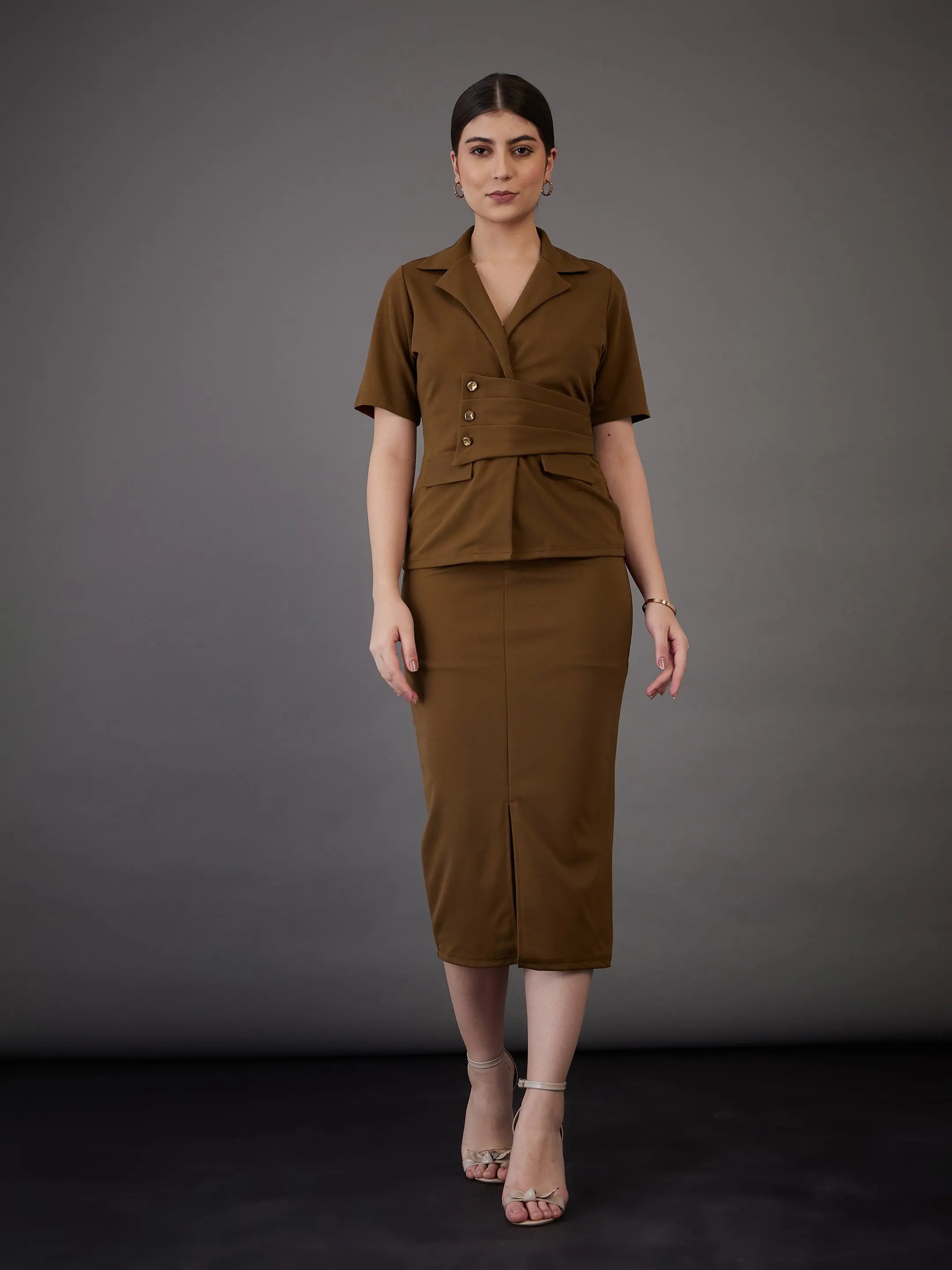 Brown Notch Collar Top - Western Outfits For Women