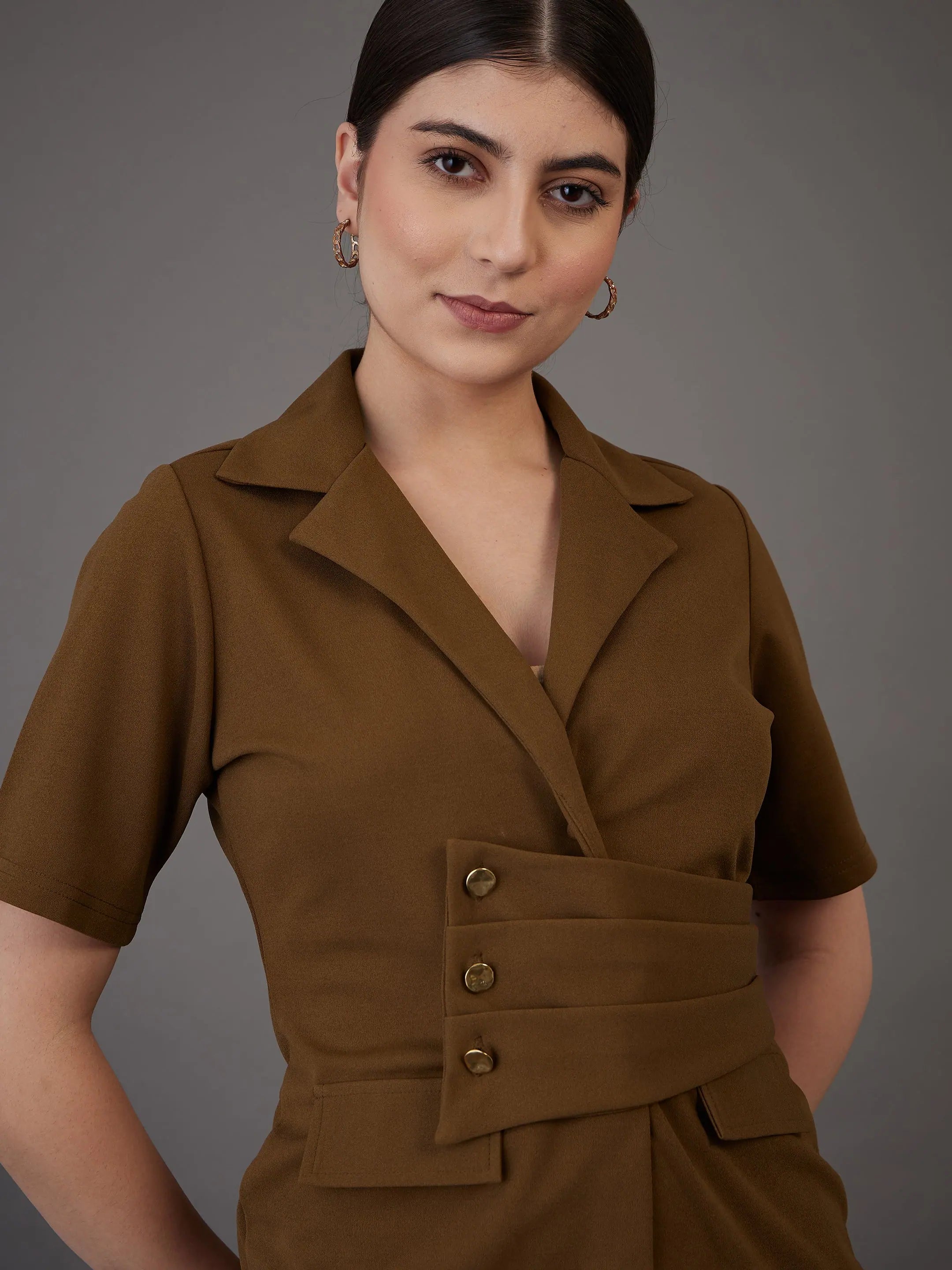 Brown Notch Collar Top - Western Outfits For Women